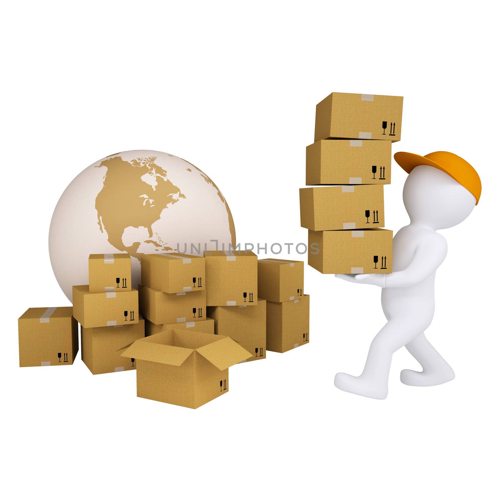 3d man carries boxes. Isolated render on white background