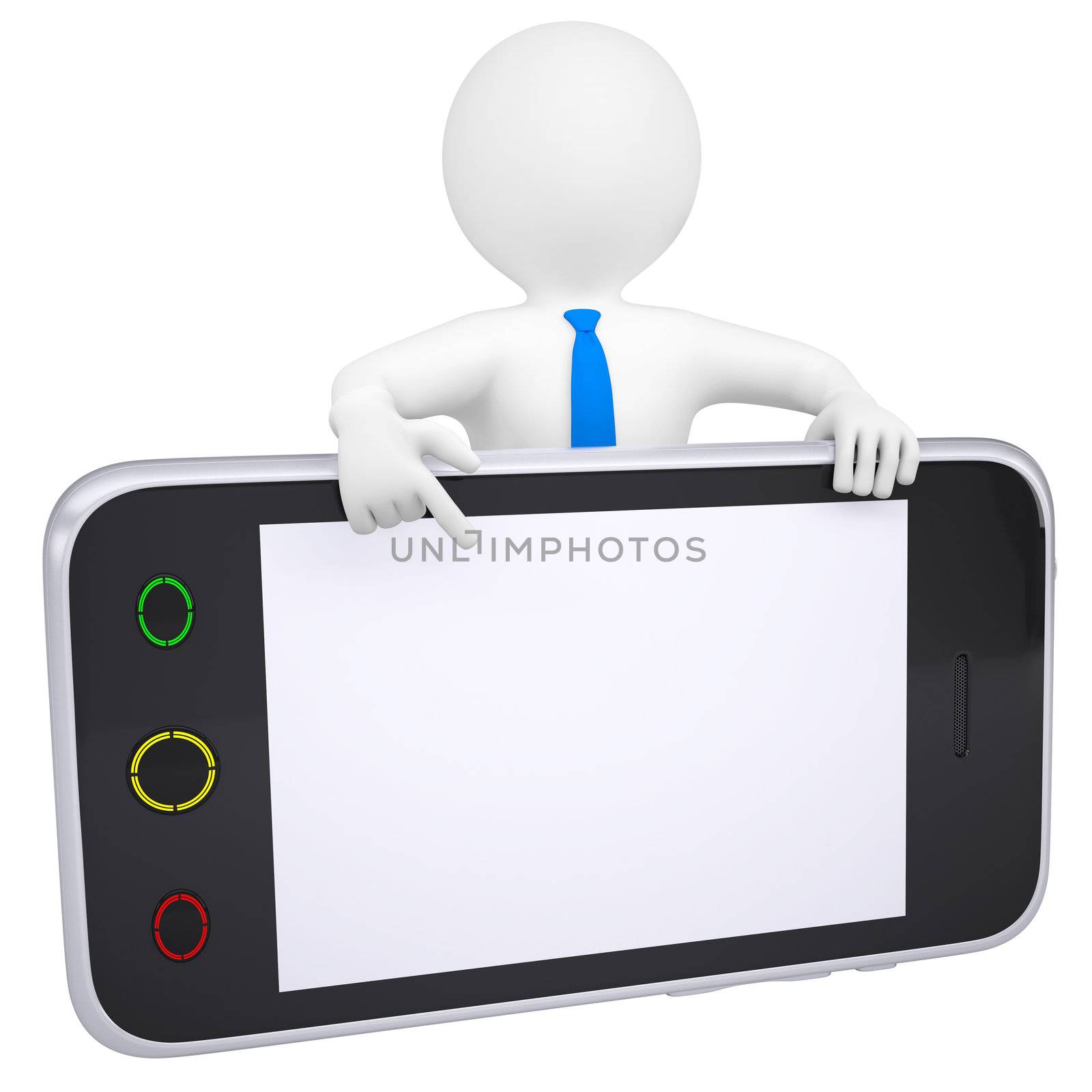3d man points a finger at the screen smartphone. Isolated render on a white background