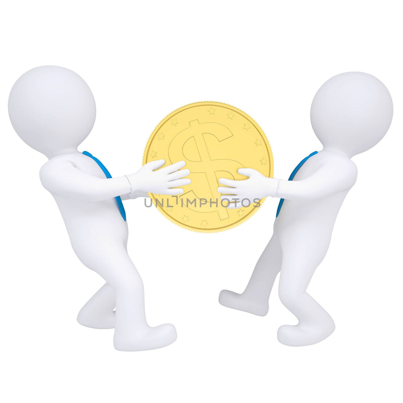 Two 3d people share money. Isolated render on a white background