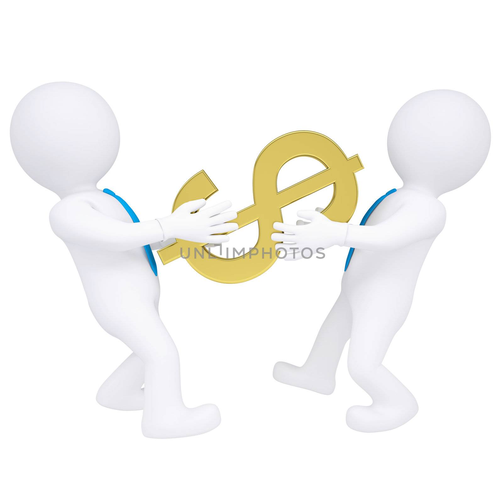 Two 3d people share money. Isolated render on a white background