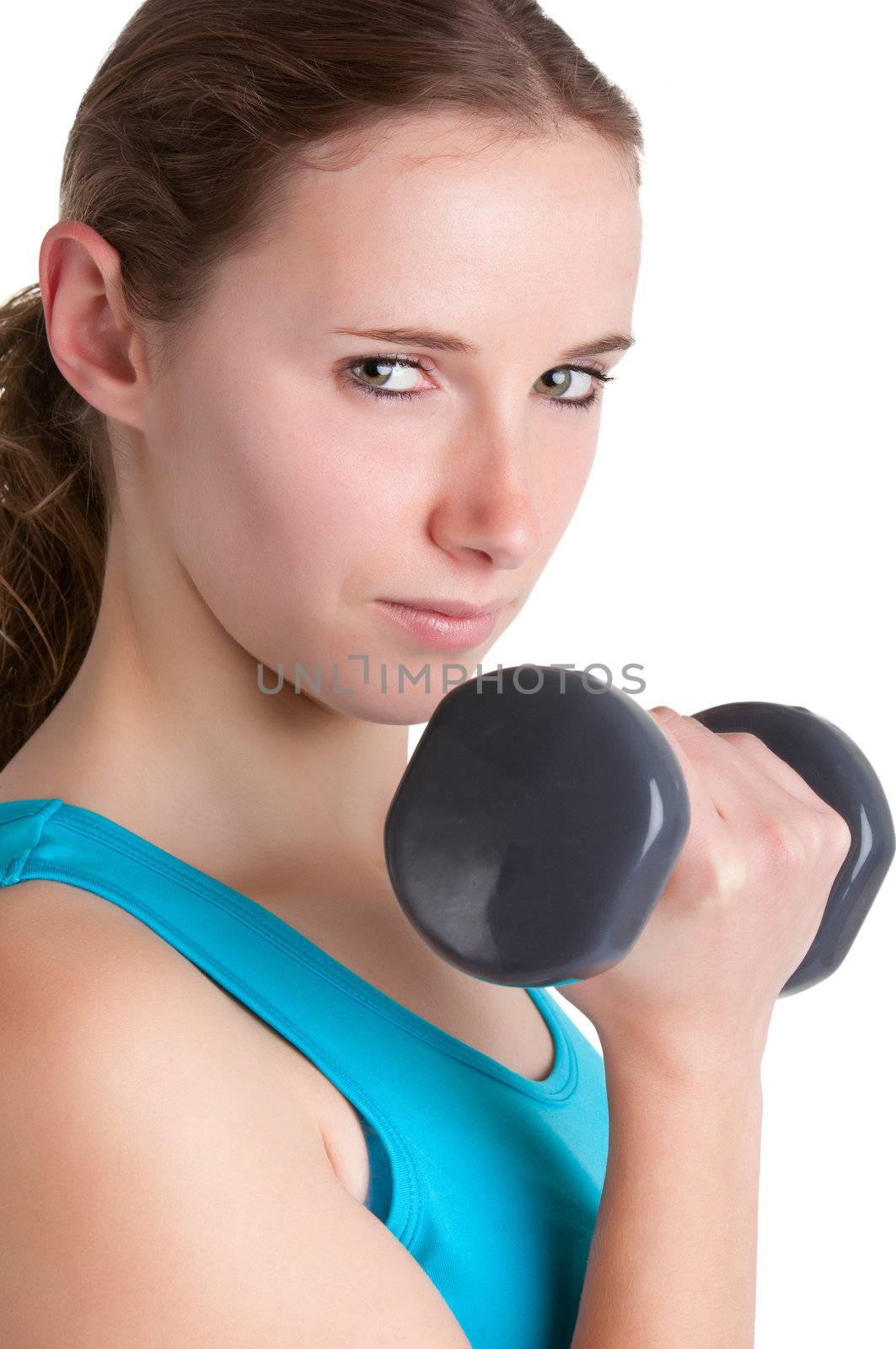 Woman working out with dumbbells at a gym, isolated in a white background