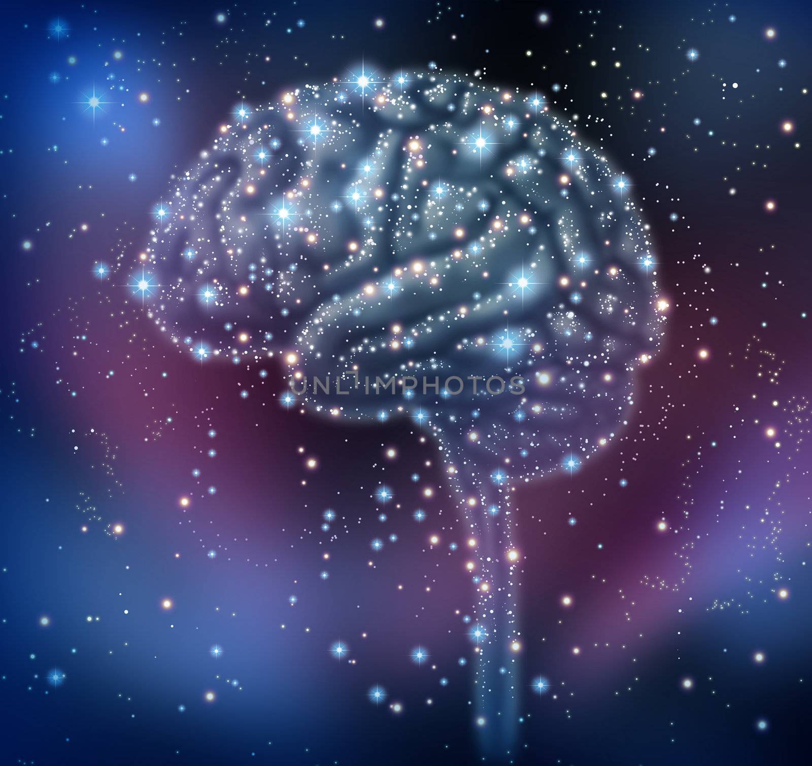 Brain intelligence discovery with a human brain shape made of stars and planets in a space beckground as a neurological health concept for research and solutions.