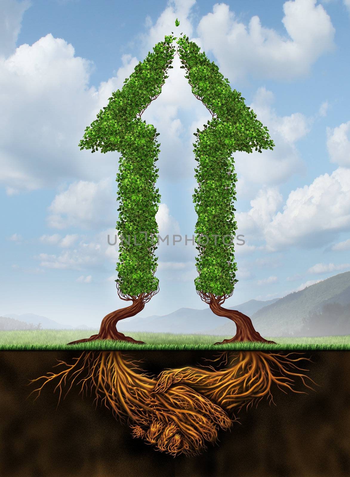 Collaborating for growth as a business agreement and cooperation concept in financial success between a group of partners working together as a concept of two arrow shaped trees with roots in the form of a hand shake.