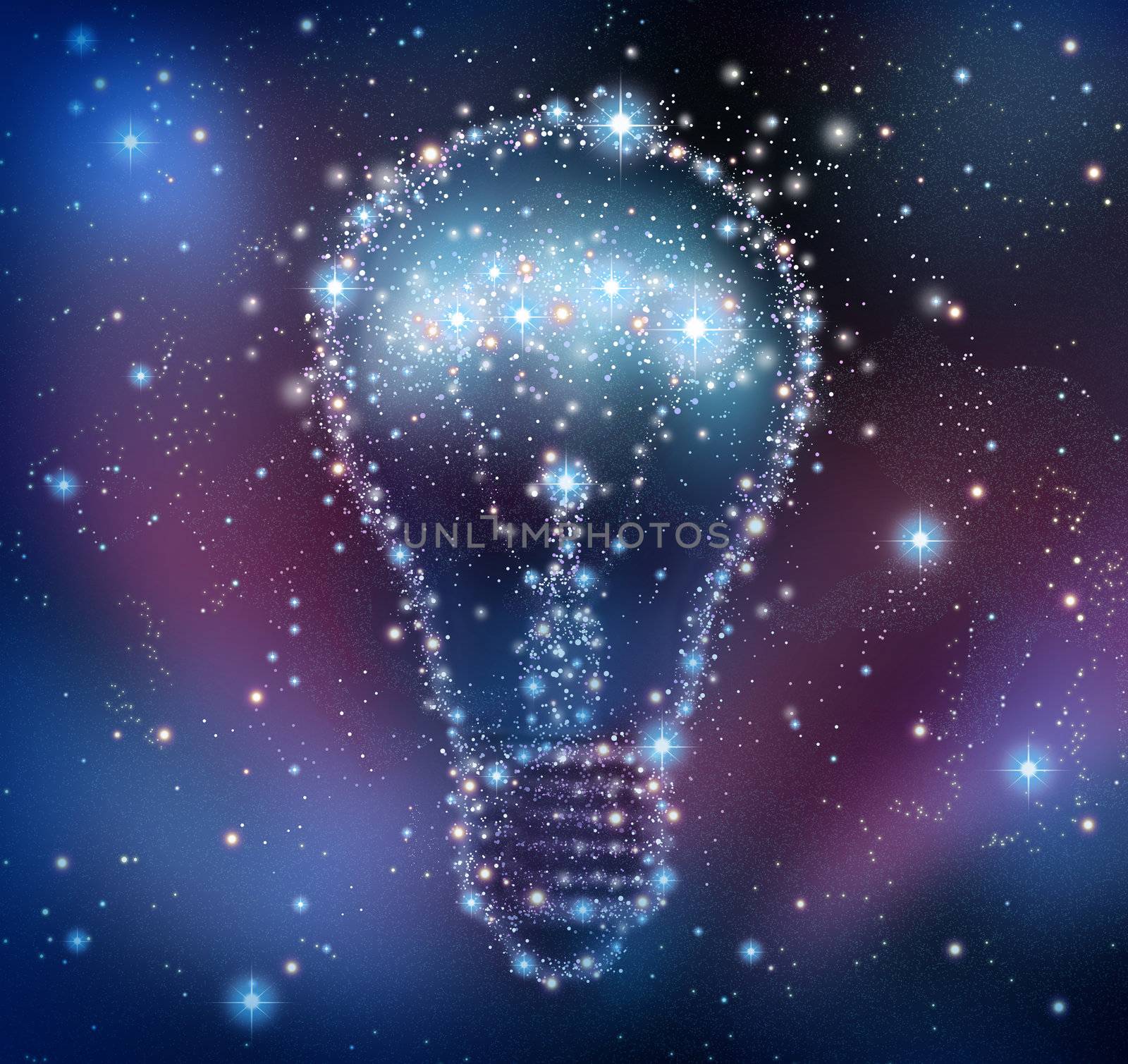 Creative inspiration and imagination of new ideas as a night sky with a group of stars and planets as a bright space constellation in the shape of a shining light bulb.