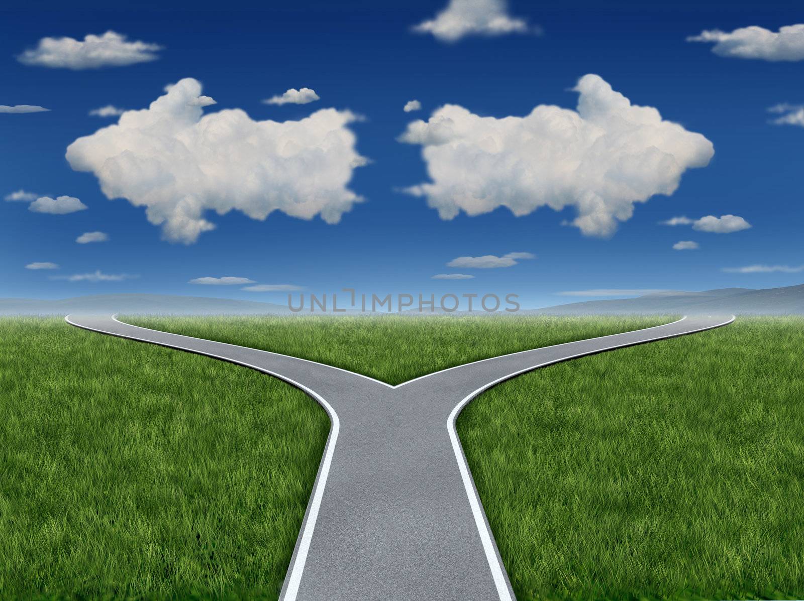 Decision Inspiration as a group of clouds in the shape of an arrow sign pointing in opposite paths as a business dilemma symbol of a crossroads concept.