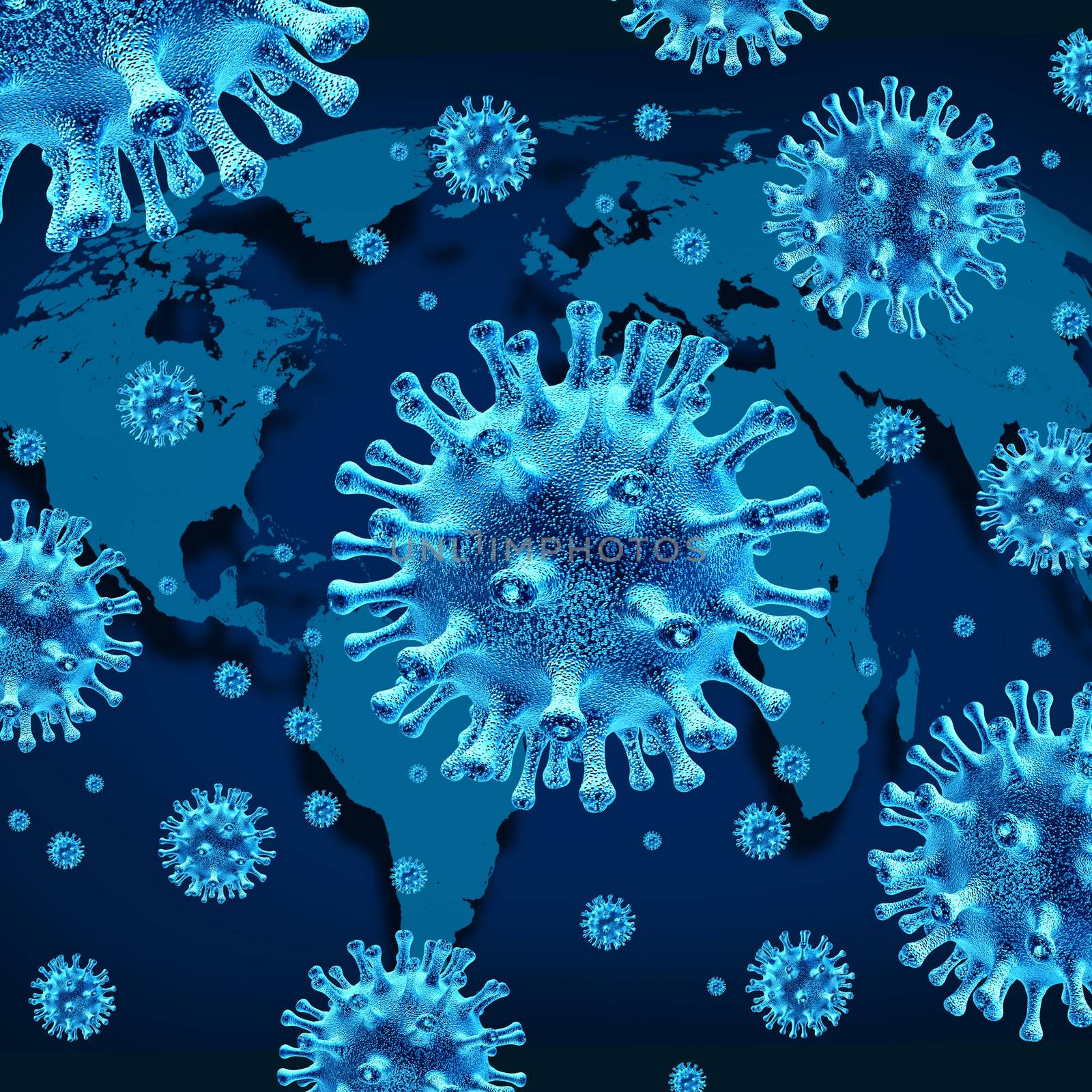 Global virus and world virus infection as a health care symbol with dangerous contagious bacteria infecting different populations as Asia Russia Europe Africa and America on a blue background.