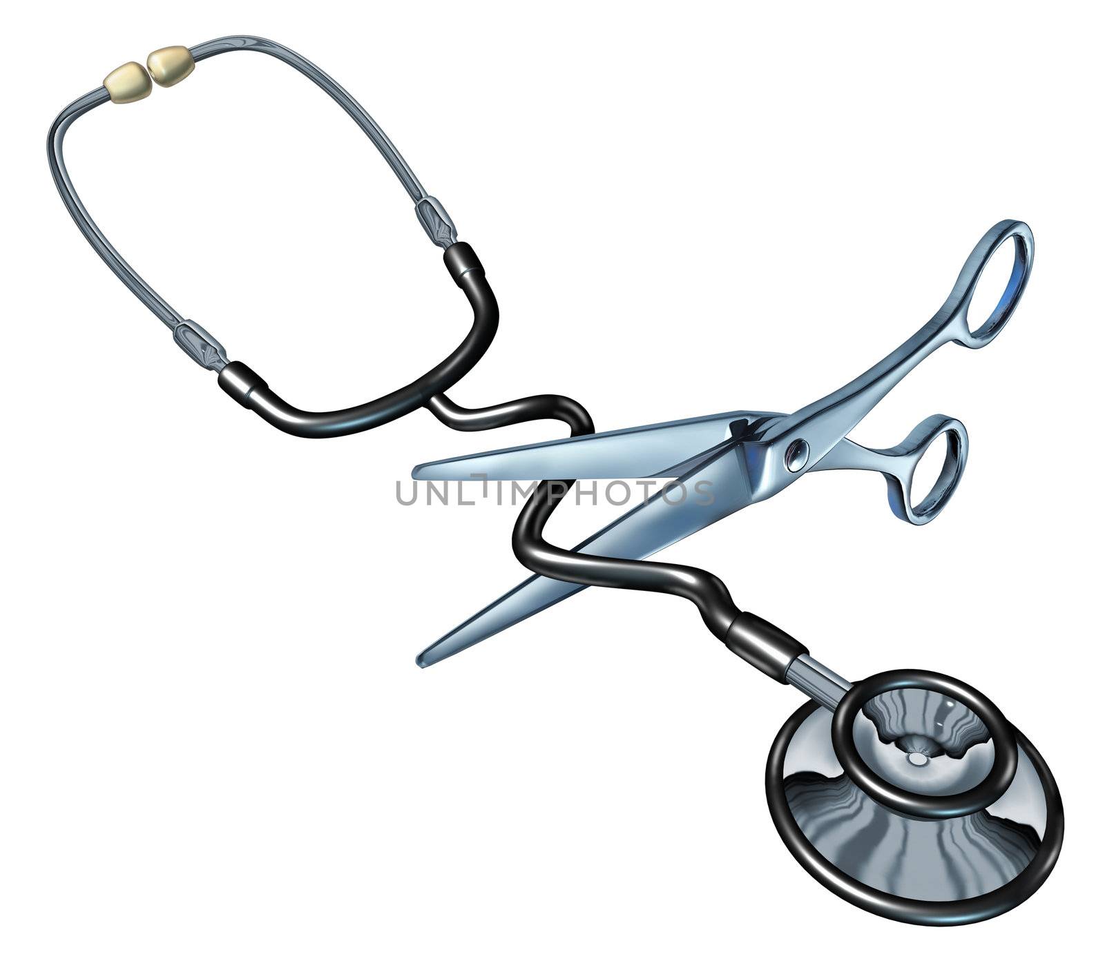Health care insurance cuts with a three dimensional stethoscope being cut by metal scissors as a medical concept of cutting hospital and medicine costs isolated on a white background.