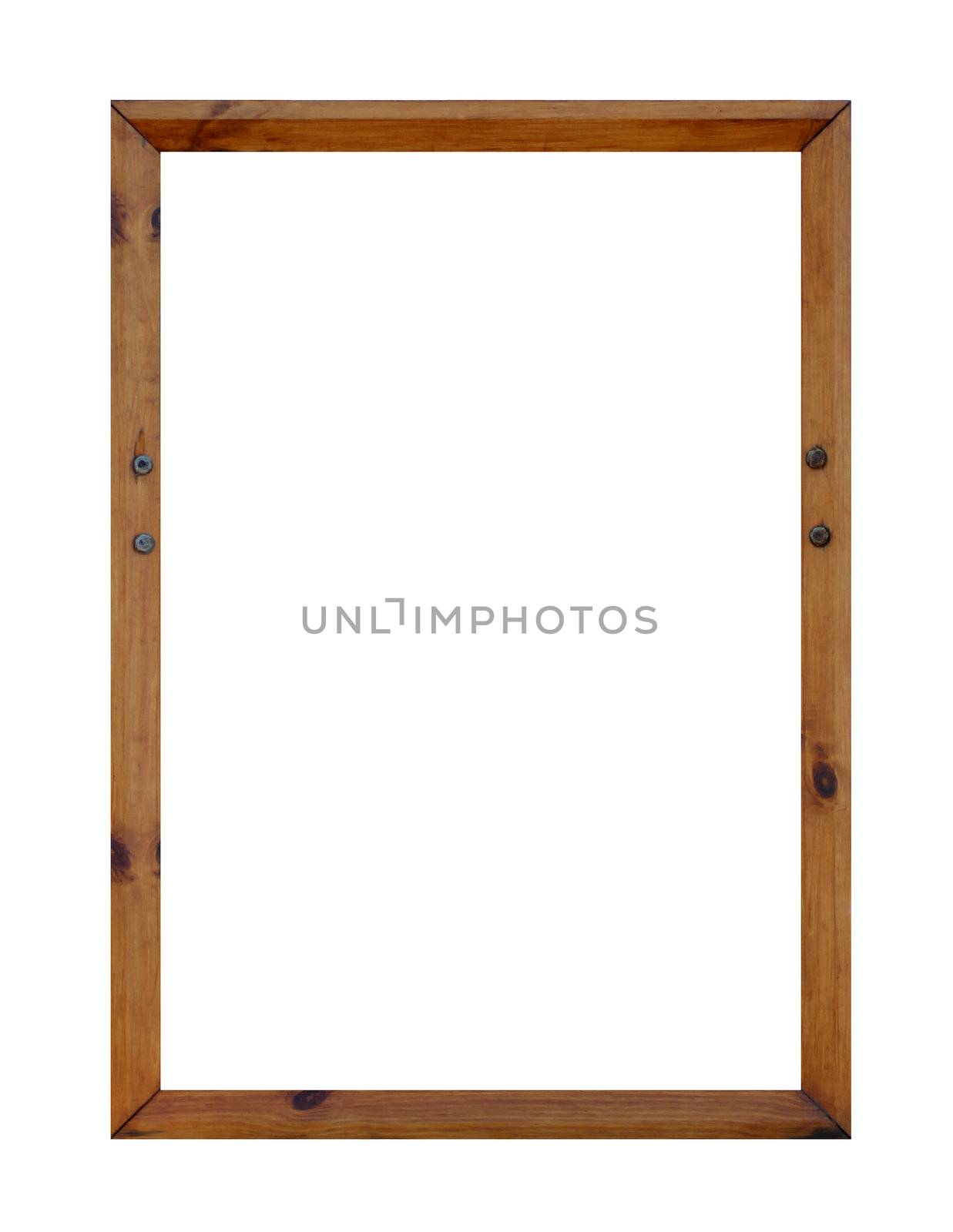 Blank wooden picture frame with copy space, white background.