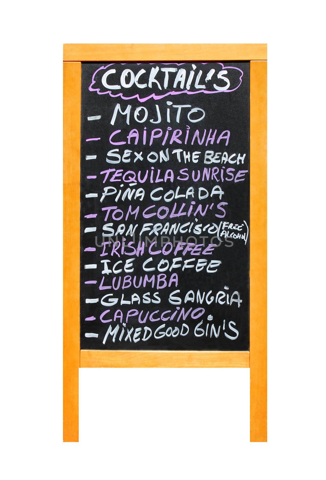List of different cocktail drinks on advertising board, isolated on white background.