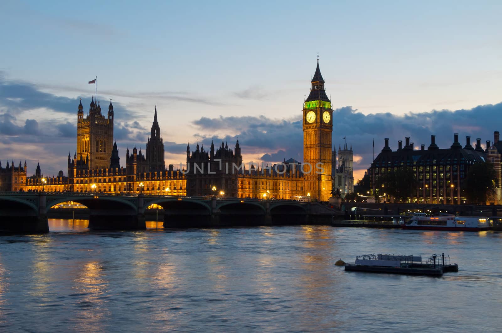 Cityscape of Big Ben and Westminster Bridge with river Thames. L by Antartis