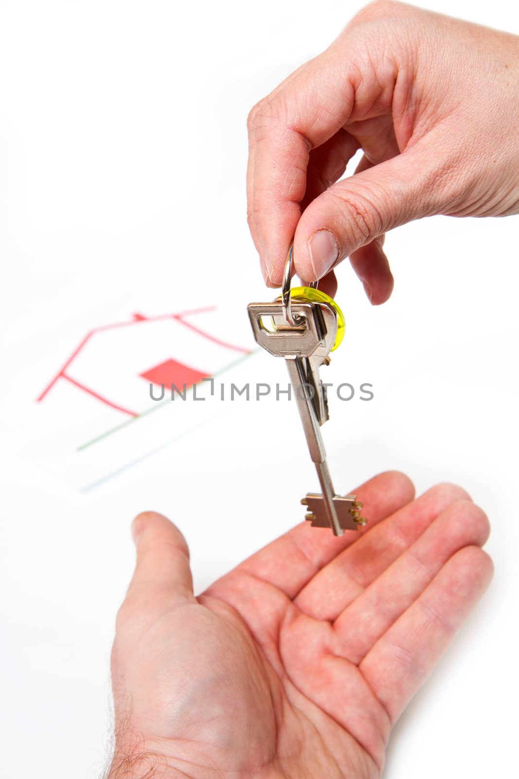 Human hands and key isolated on white background 
