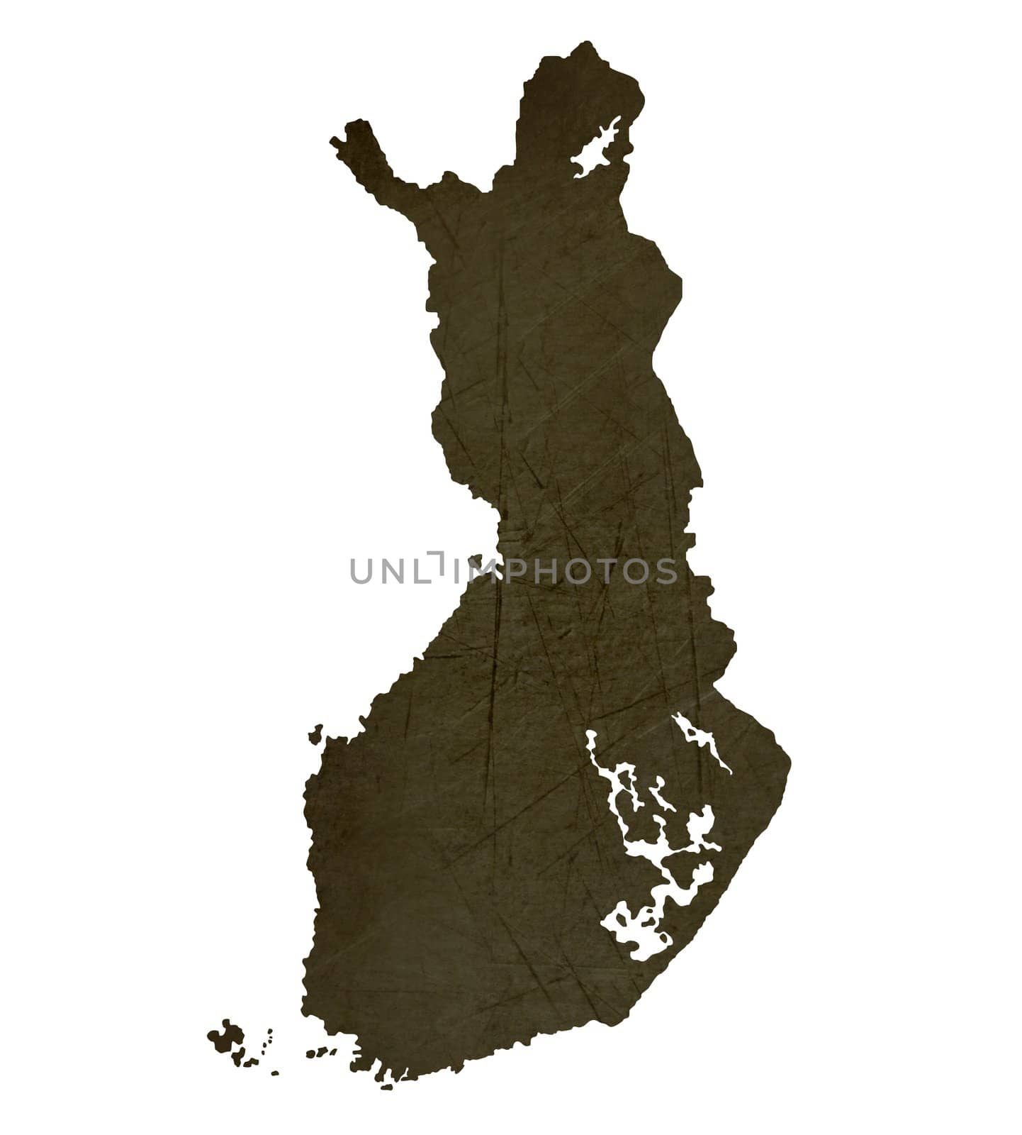 Dark silhouetted and textured map of Finland isolated on white background.