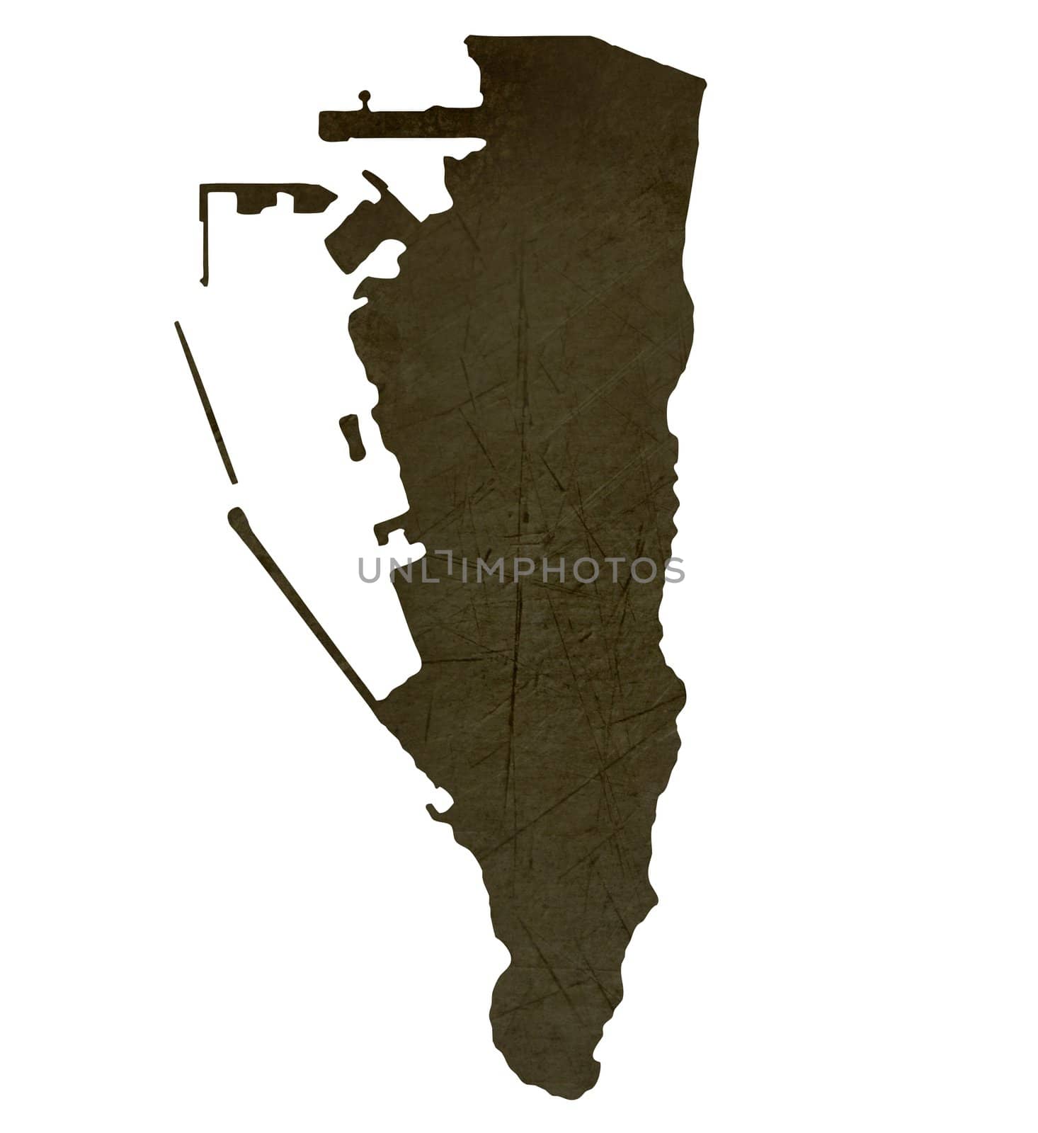 Dark silhouetted and textured map of Gibraltar isolated on white background.