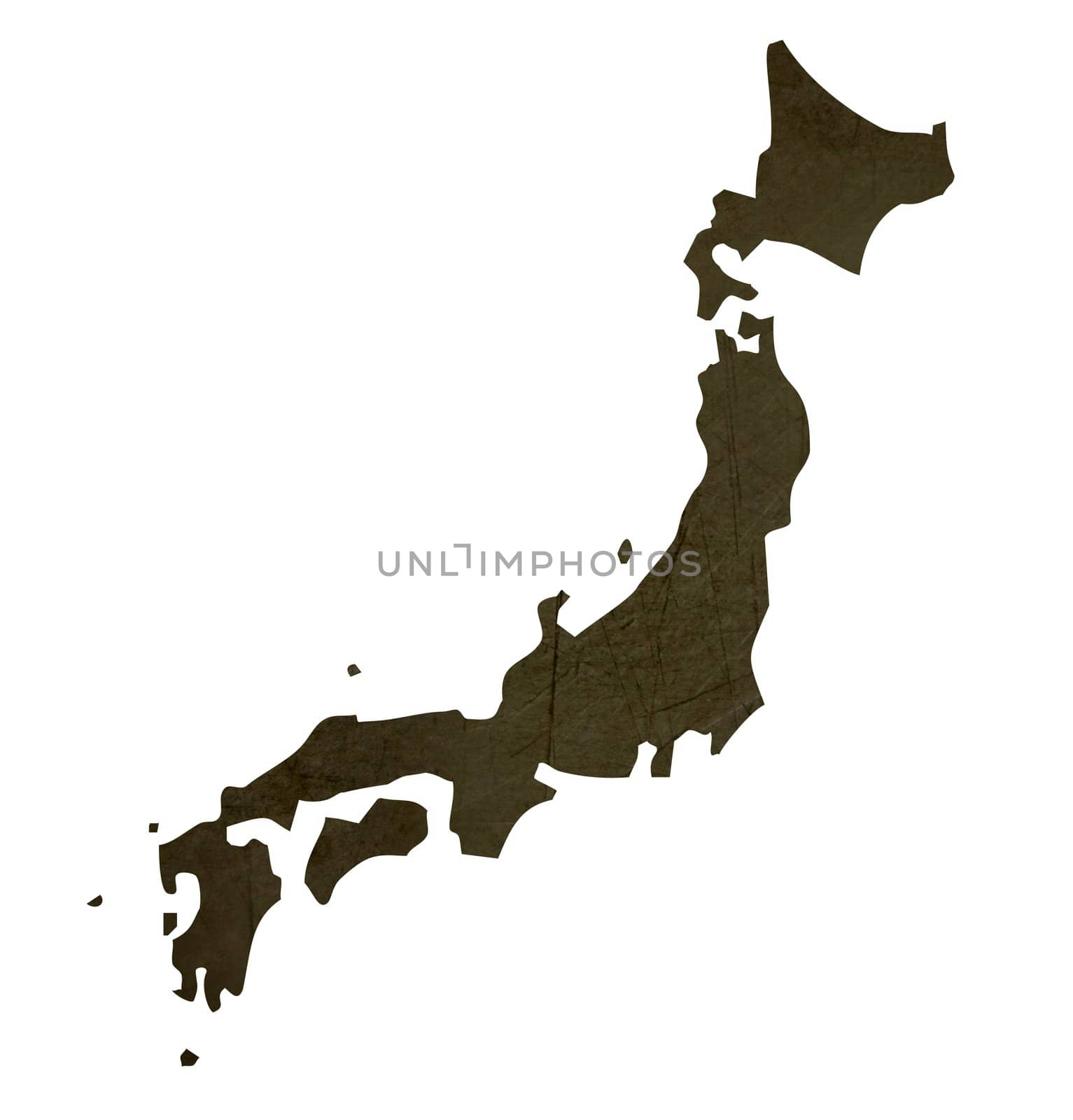 Dark silhouetted and textured map of Japan isolated on white background.
