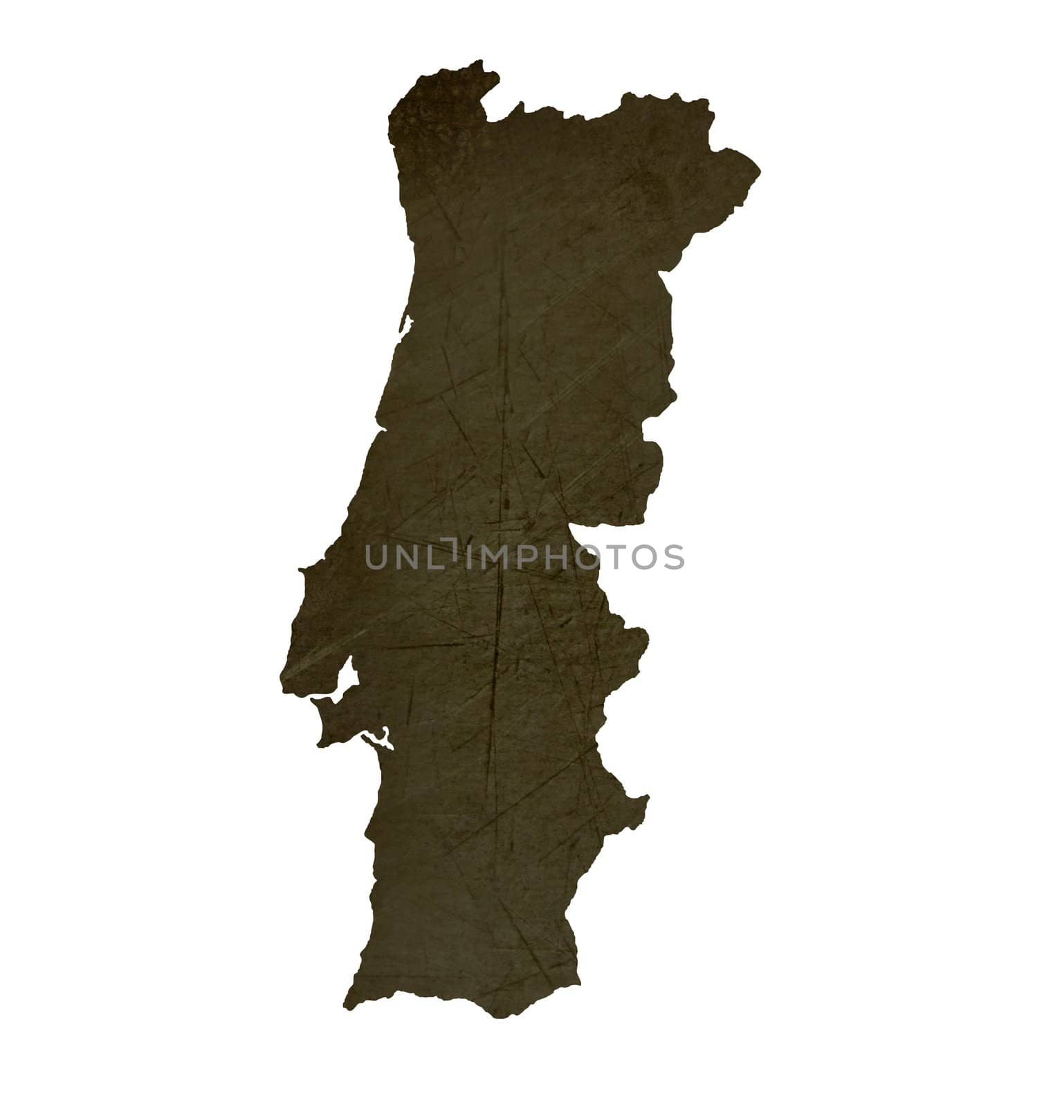 Dark silhouetted and textured map of Portugal isolated on white background.
