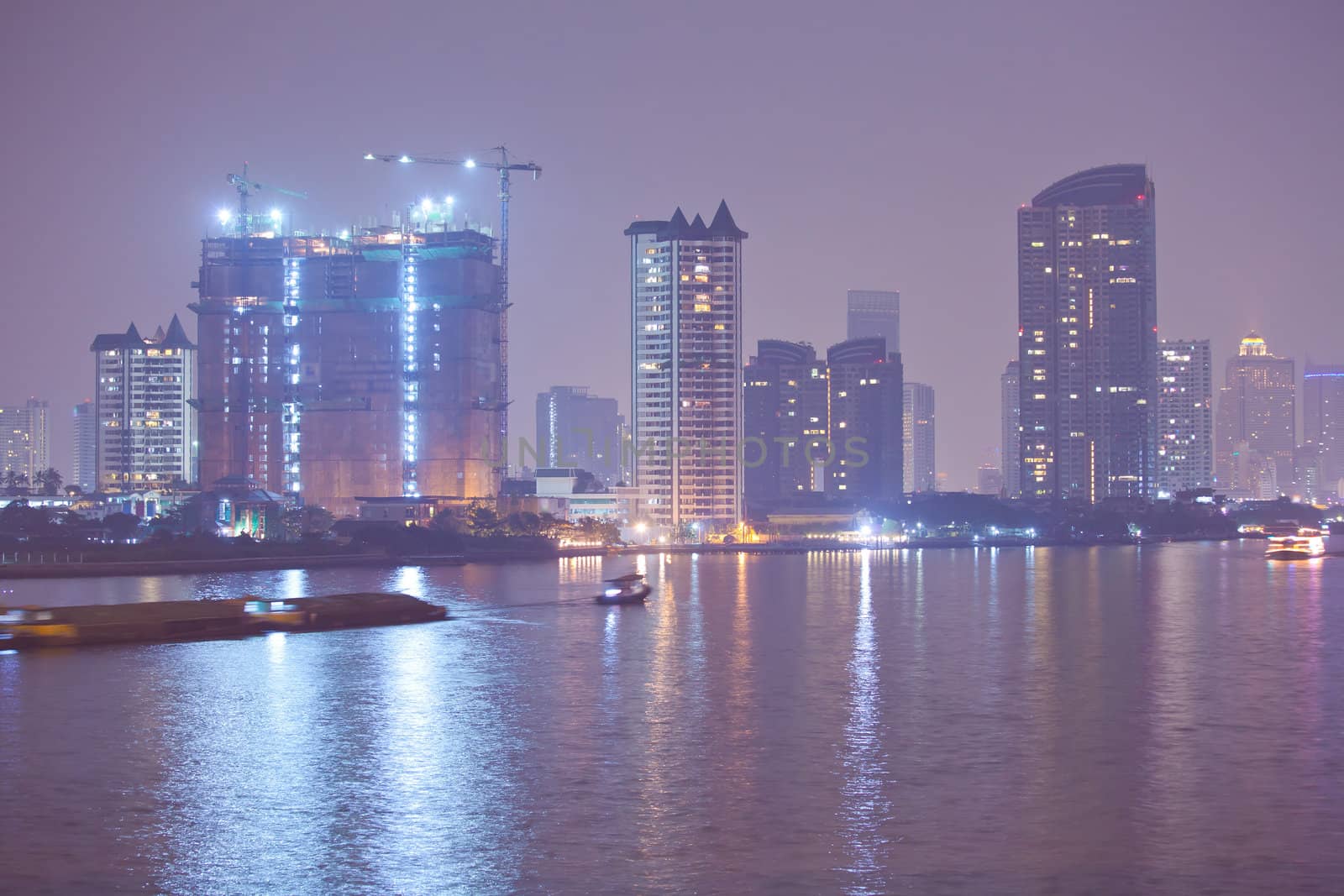 Chao Phraya river and city at Dusk of Bangkok, Thailand