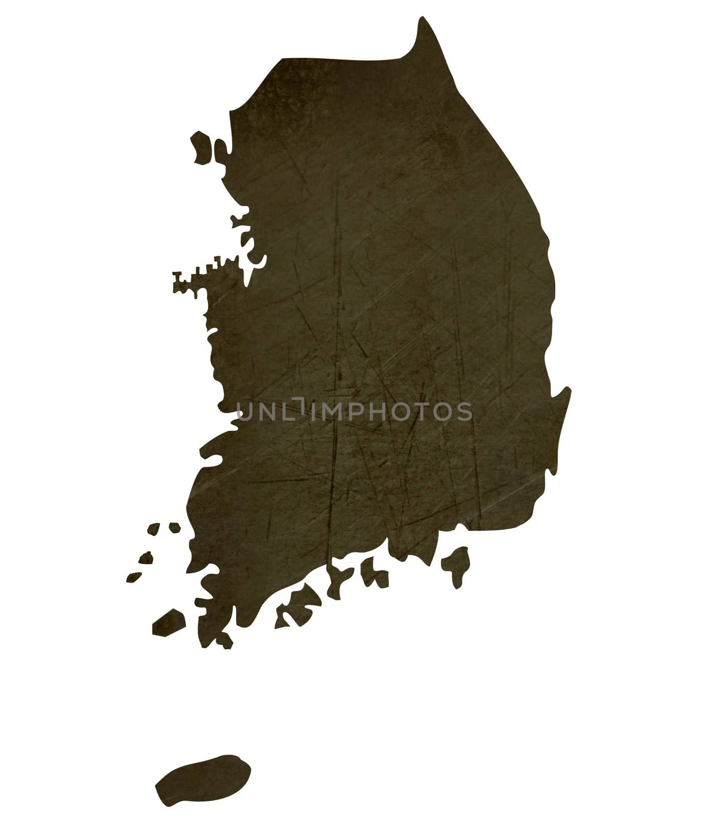 Dark silhouetted and textured map of South Korea isolated on white background.