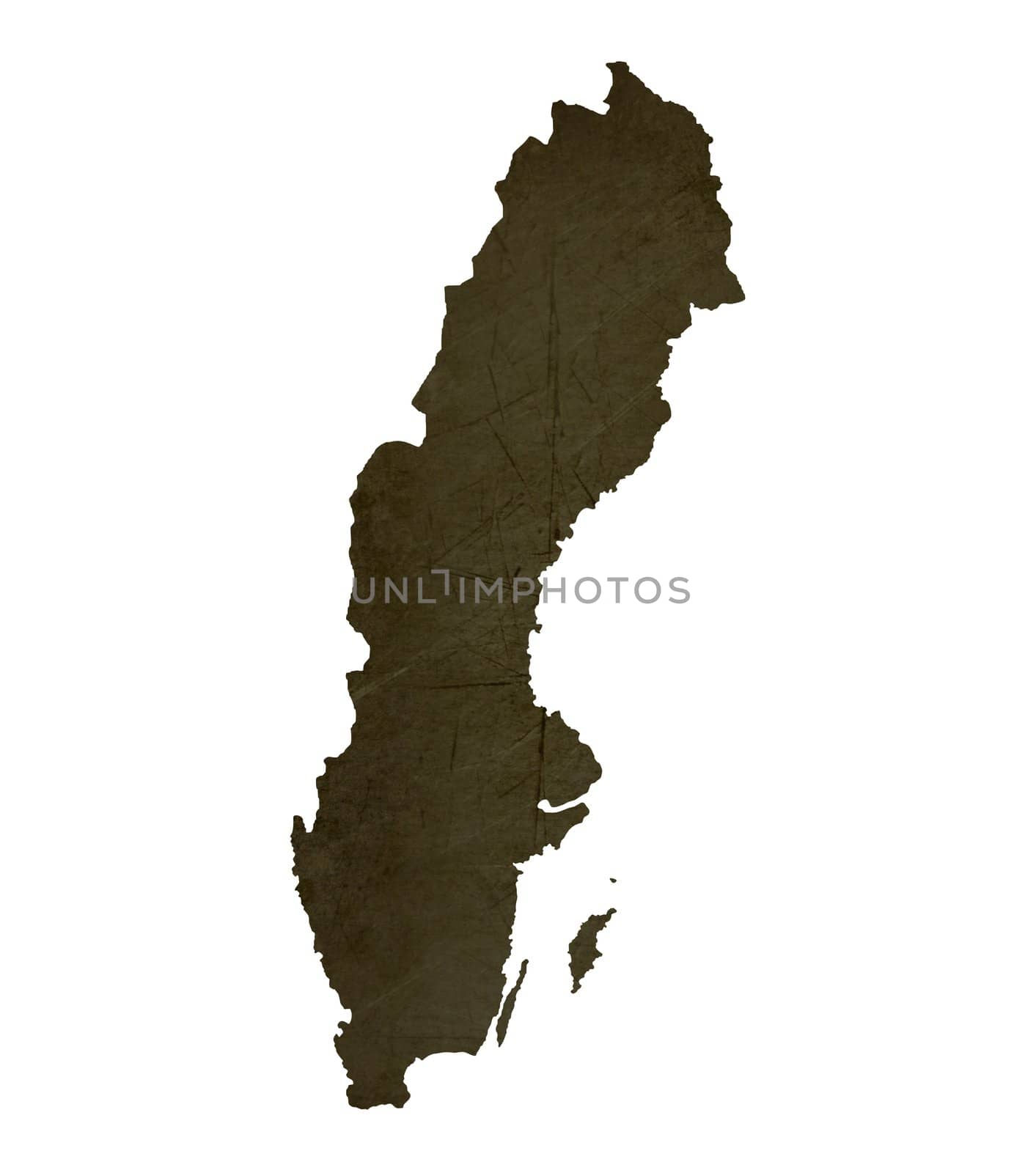 Dark silhouetted and textured map of Sweden isolated on white background.