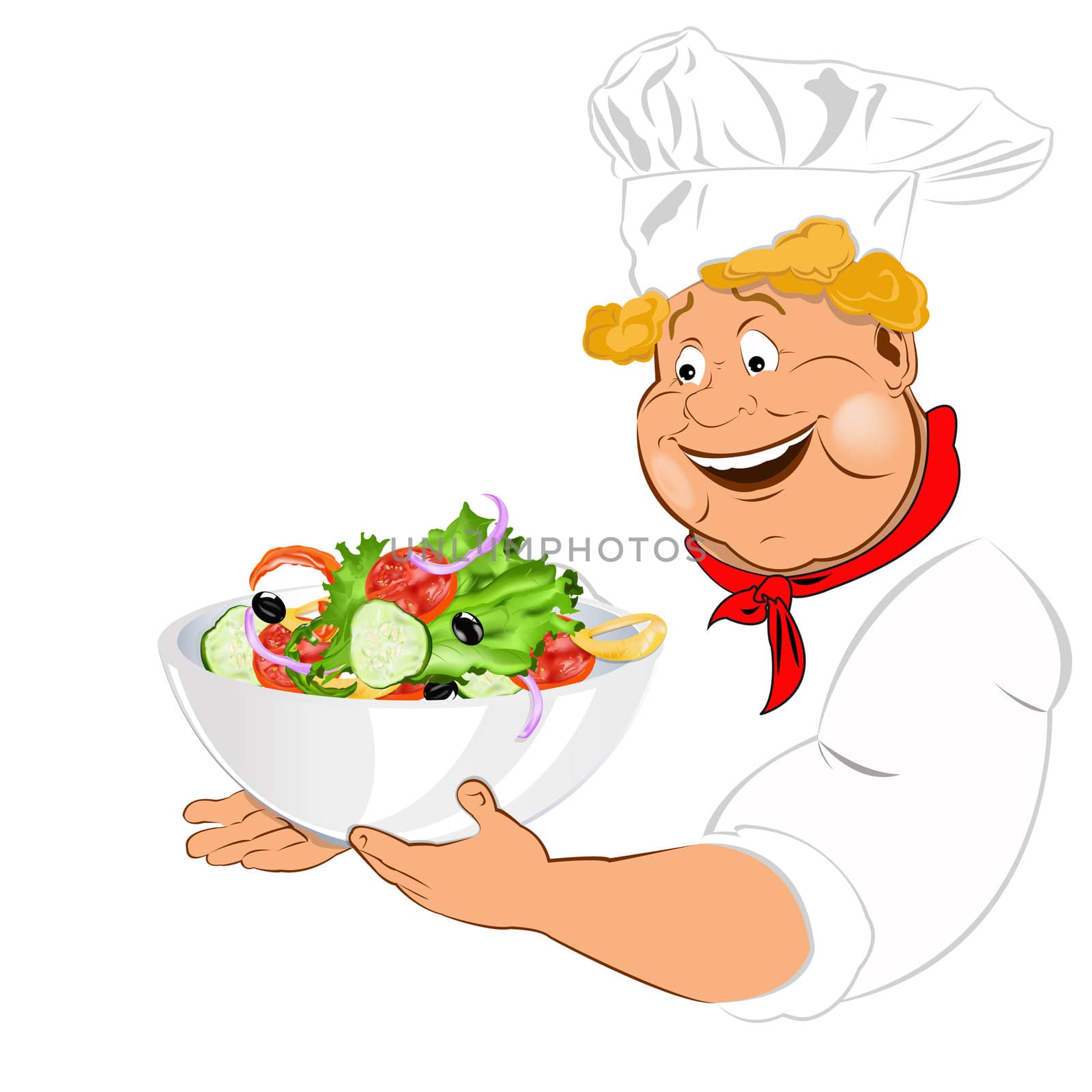 Funny Chef and big plate with fresh vegetable salad
