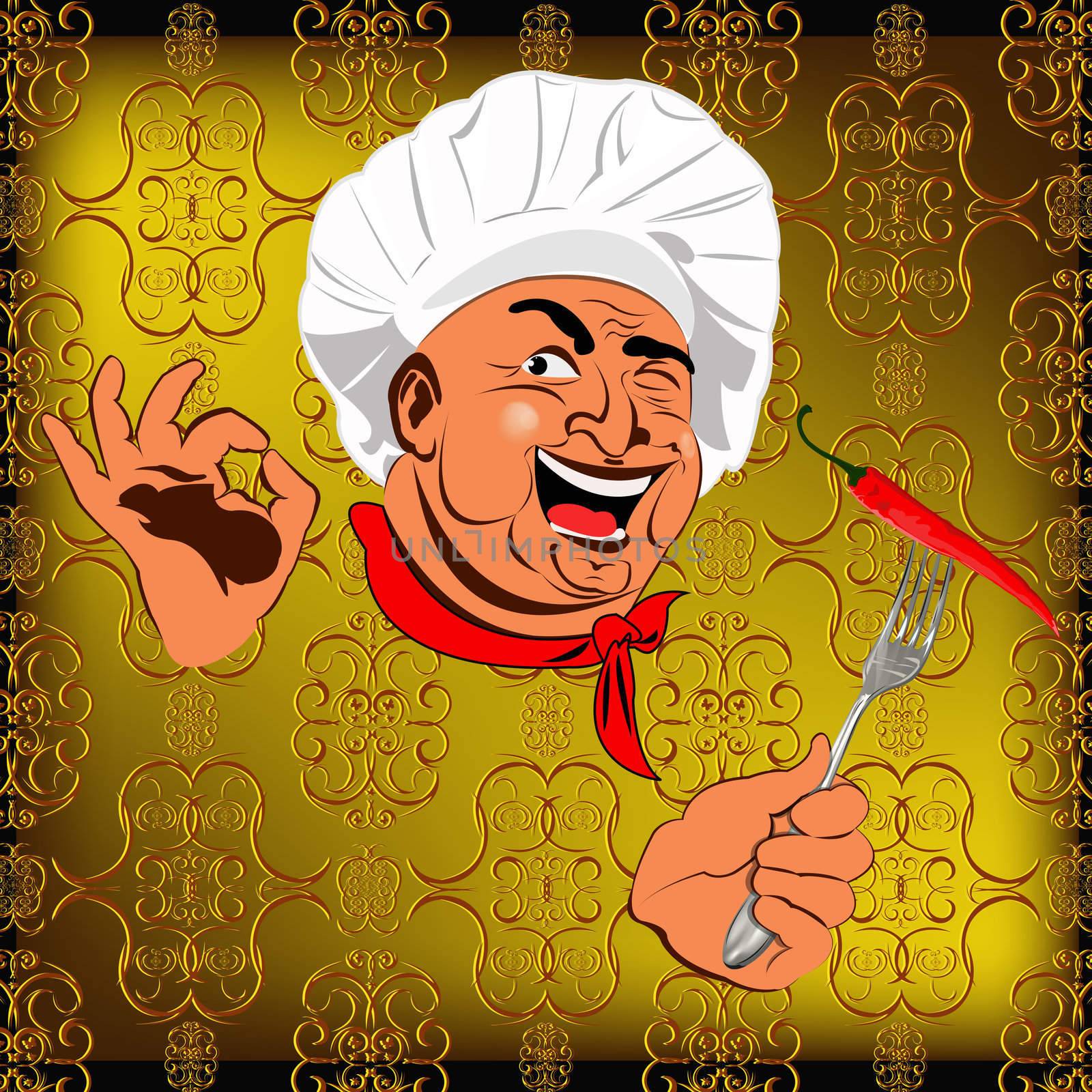 Eastern Chef and red pepper chilli on a abstract golden background