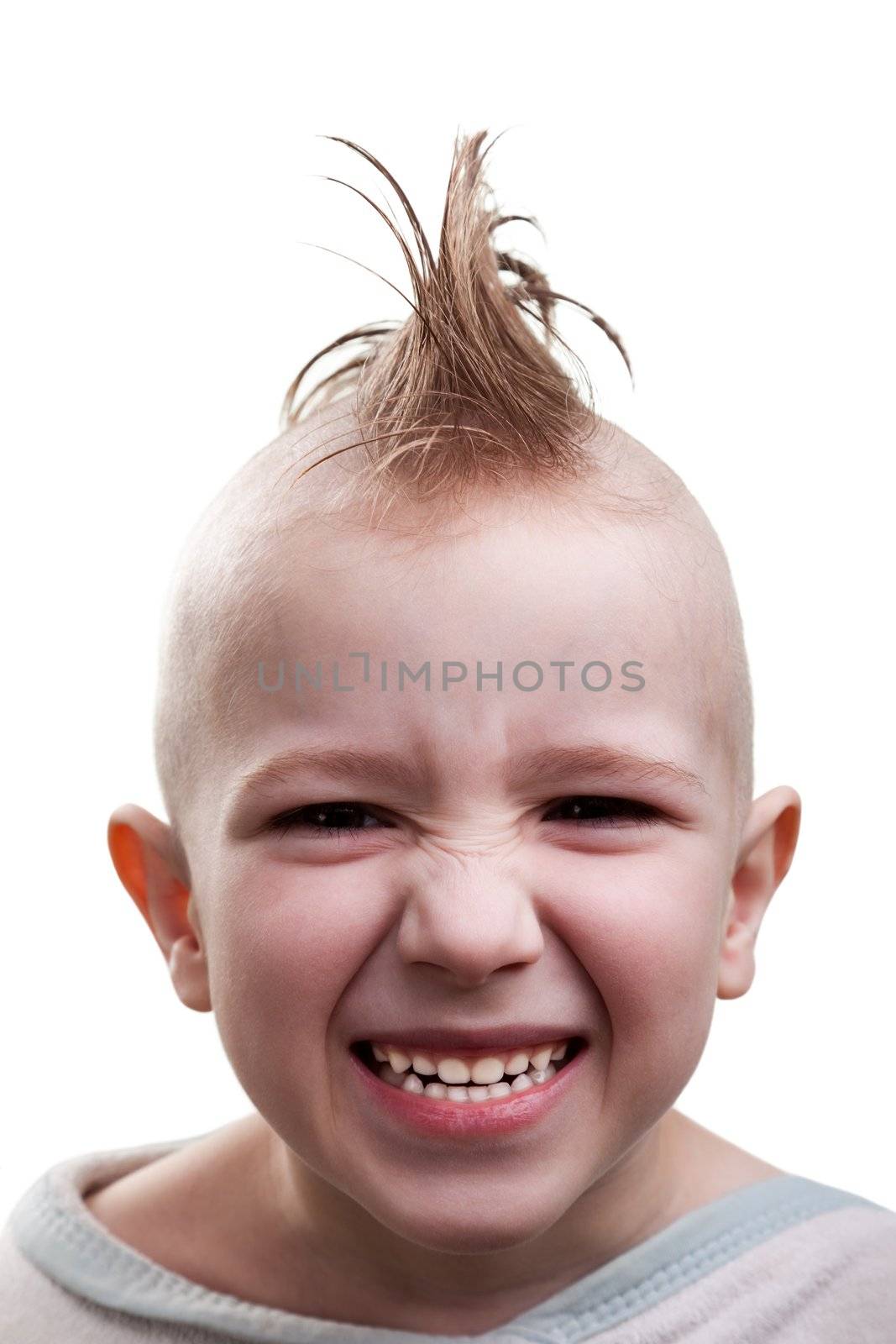 Little cheerful punk hair child boy fun smile grin