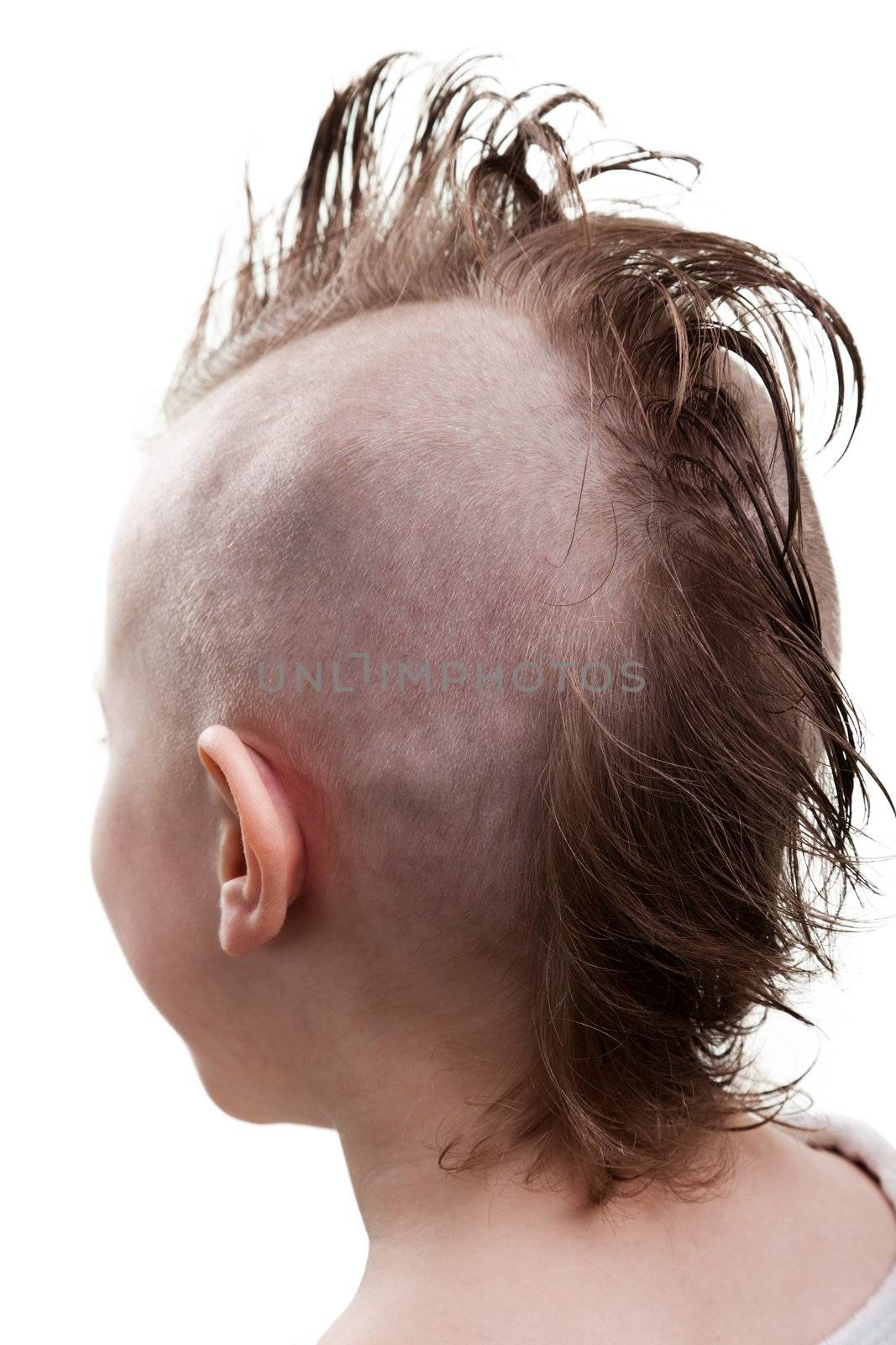 Little cheerful bald punk hair child boy rear view