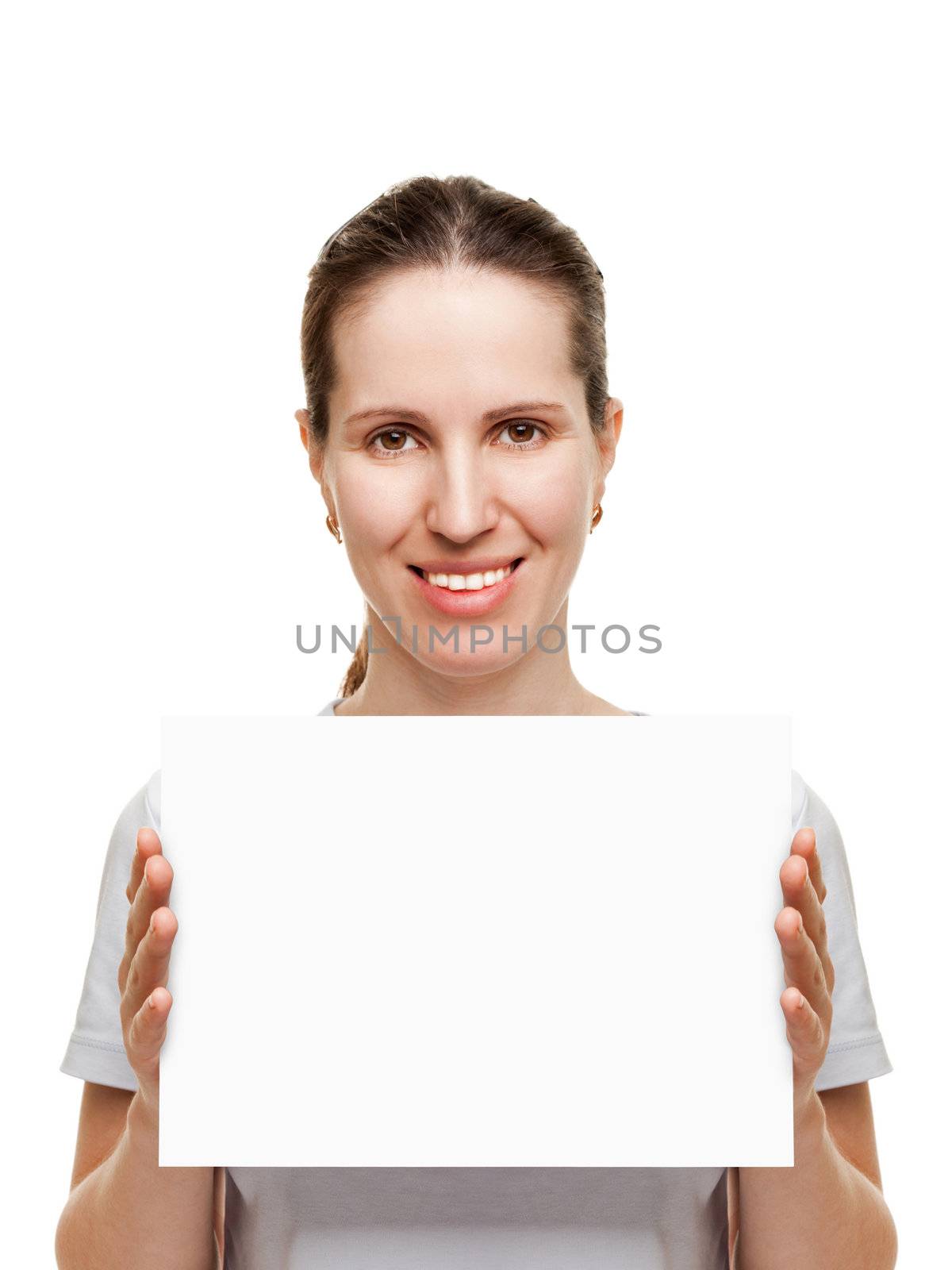 Smiling women hand holding white empty blank card