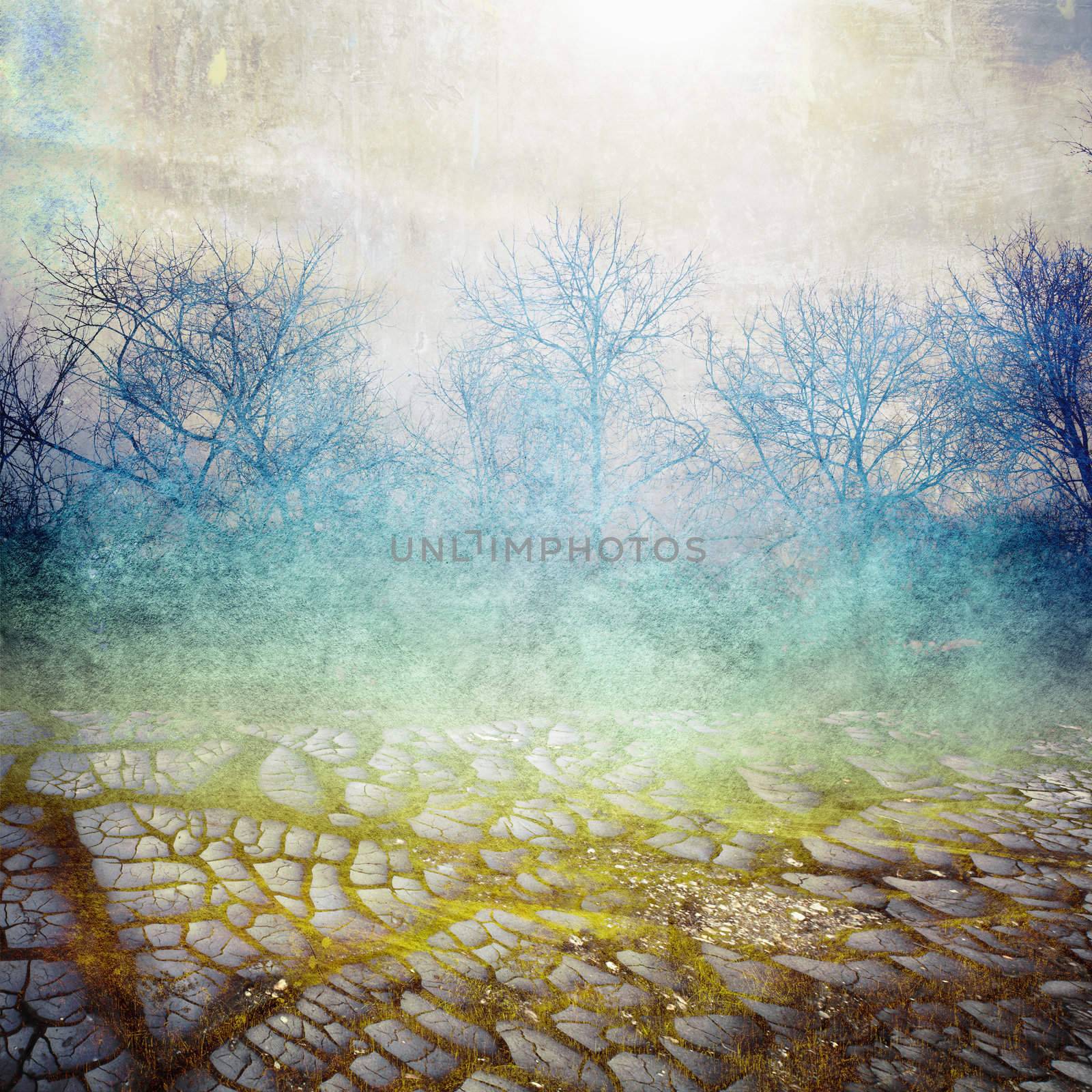 old background with cracks and landscape