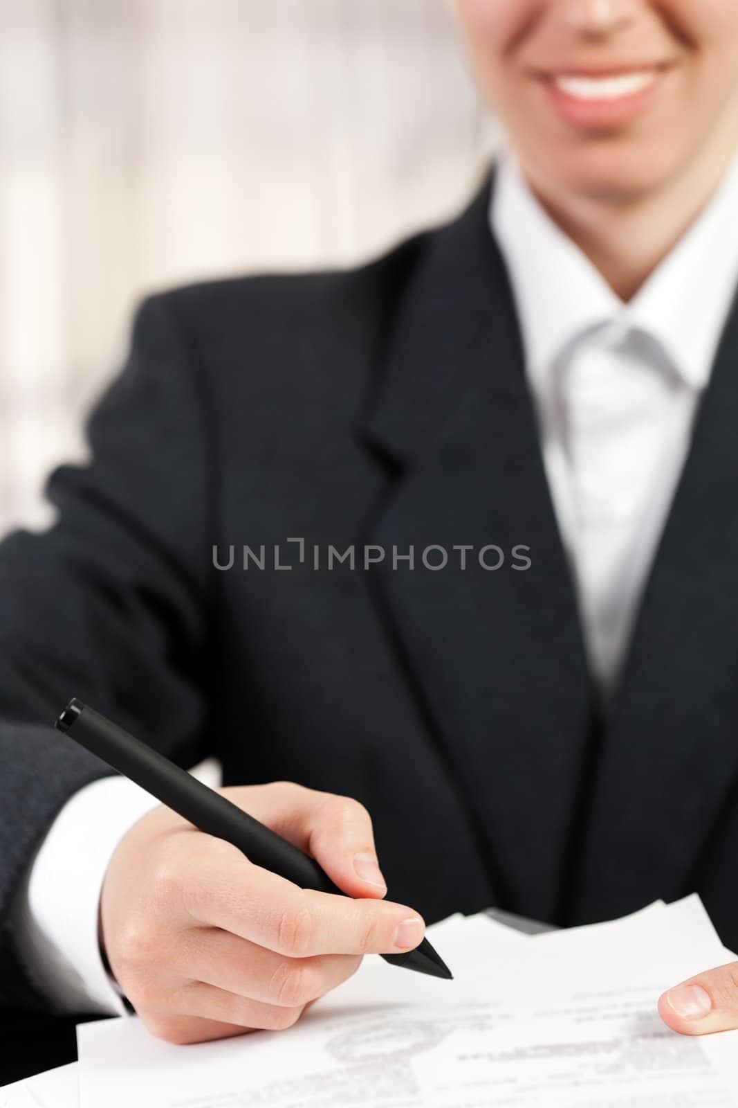 Business women hand pen writing paper document