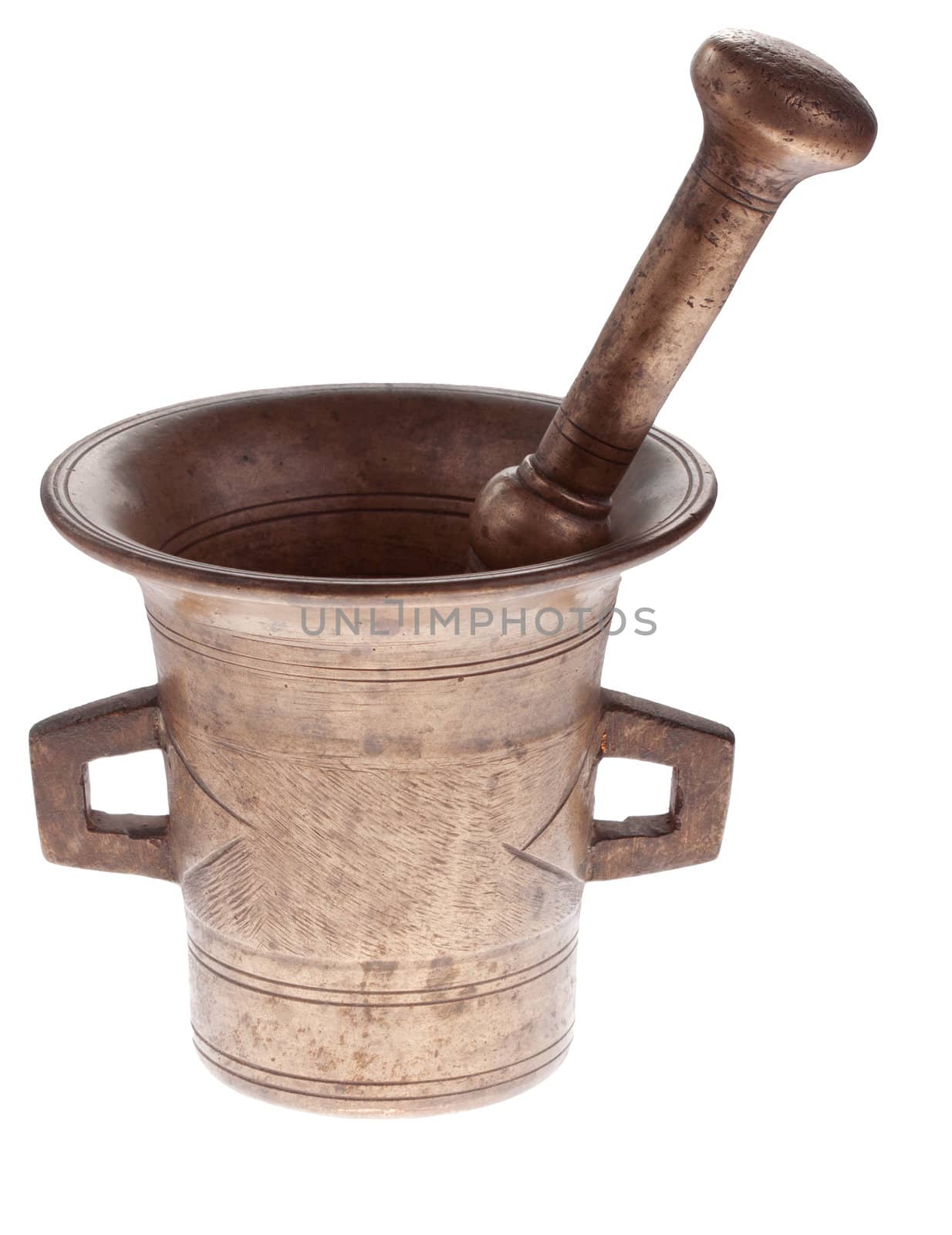Bronze ancient mortar and pestle - isolated on white background