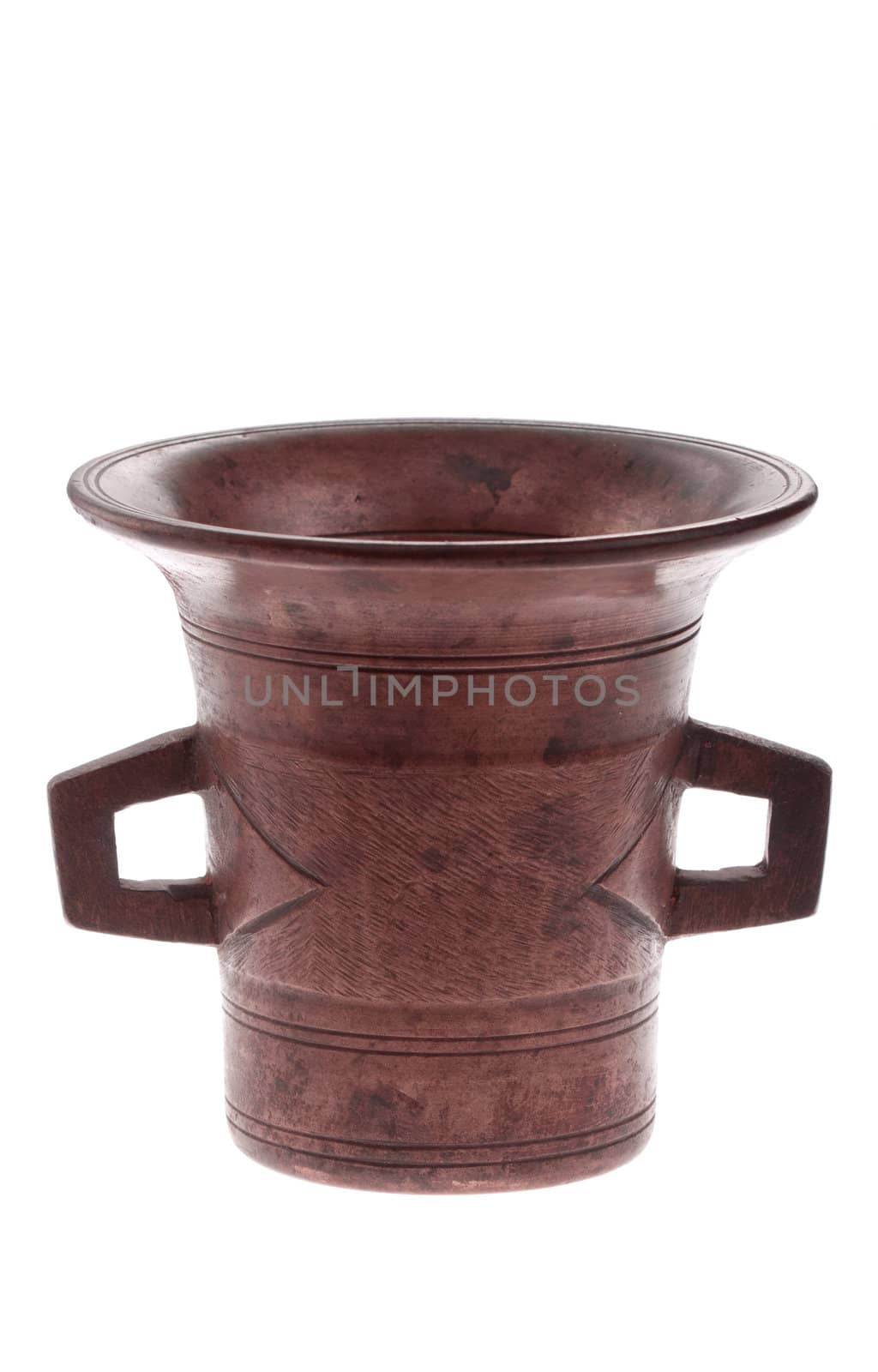 Bronze ancient mortar with handles - isolated on white background