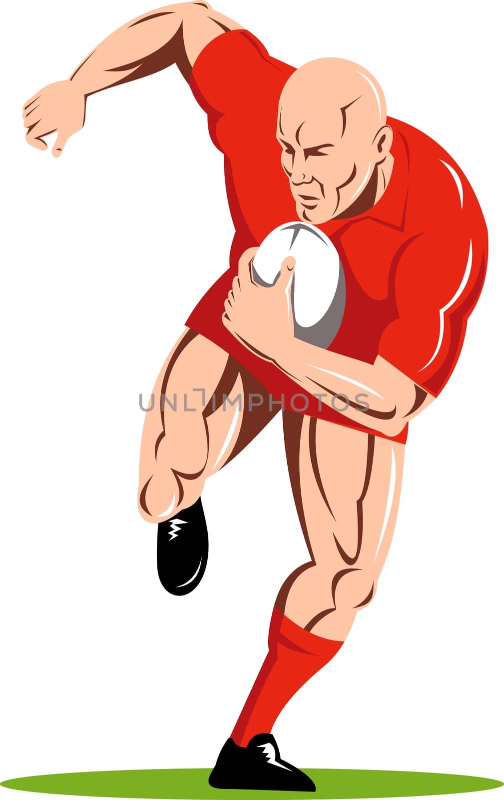 illustration of a rugby player running passing the ball on isolated background done in retro woodcut style