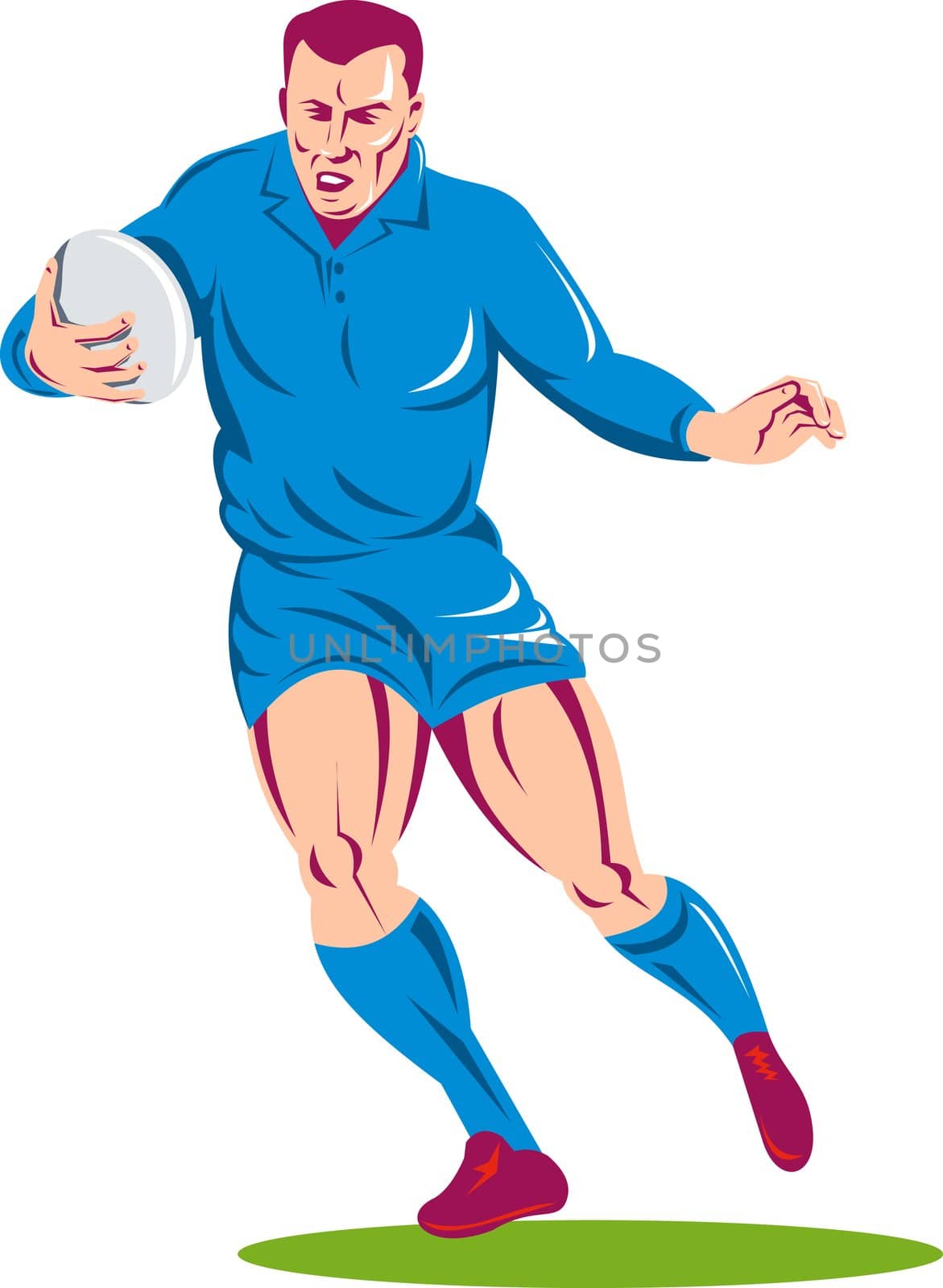 illustration of a rugby player running passing the ball on isolated background done in retro woodcut style