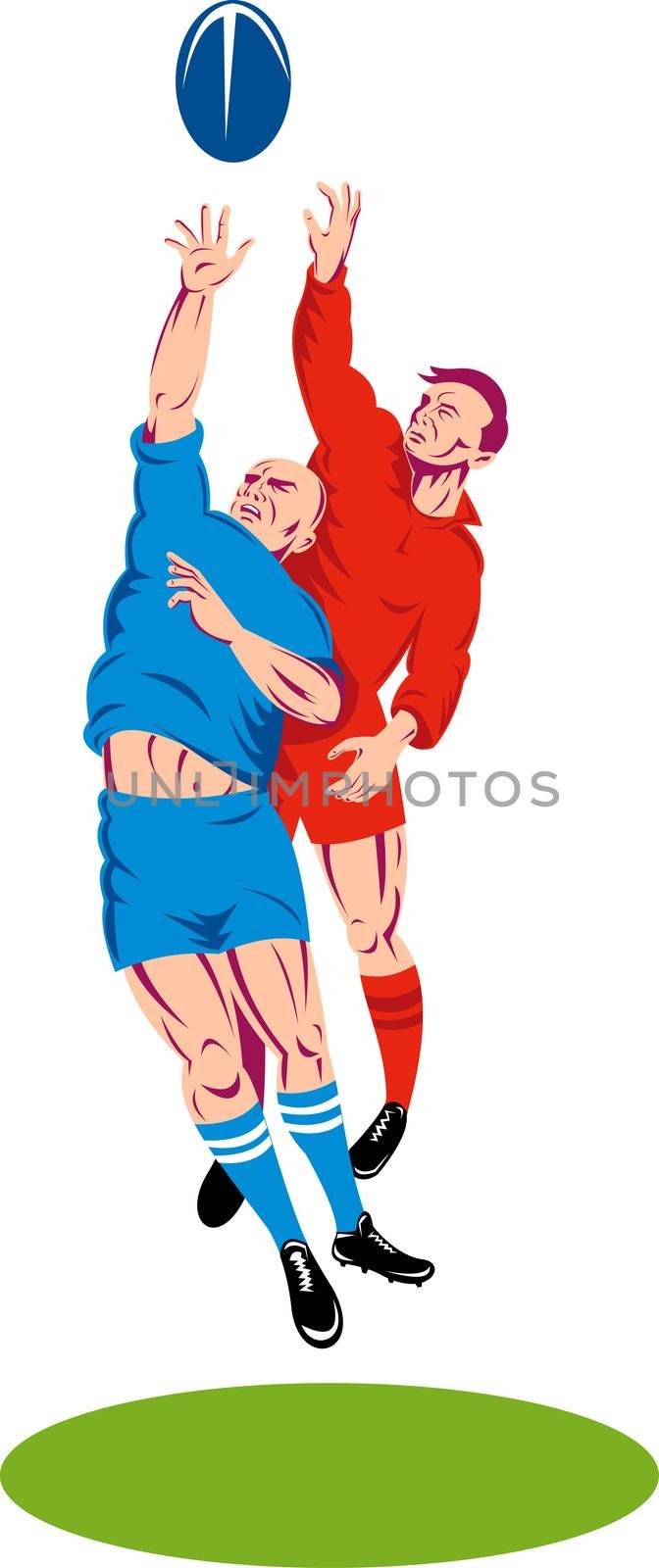illustration of a rugby player catching the ball on isolated background done in retro woodcut style