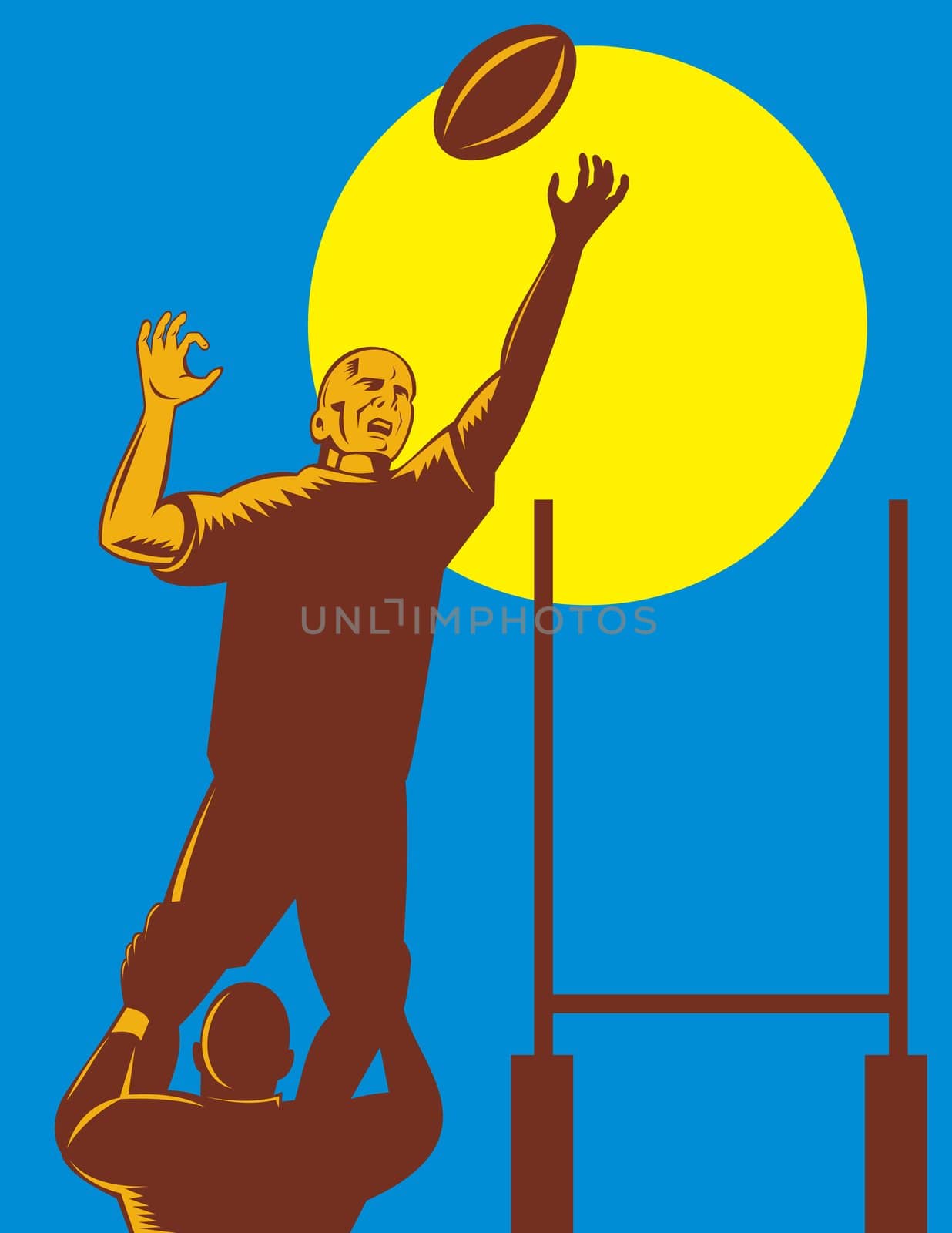 illustration of a rugby player catching the ball lineout throw with goal post on isolated background done in retro woodcut style