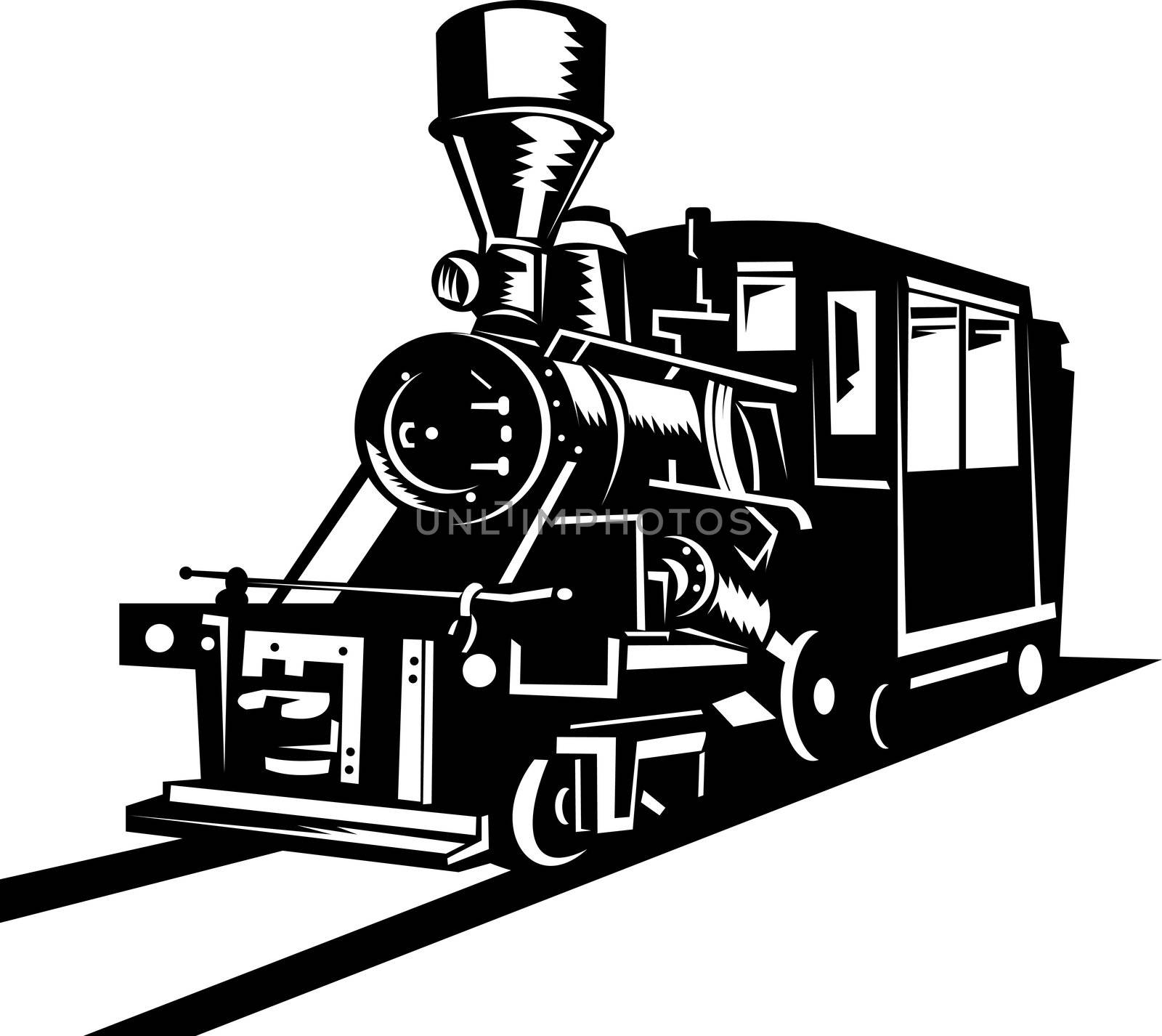 illustration of a steam train locomotive coming up on railroad done in retro woodcut style