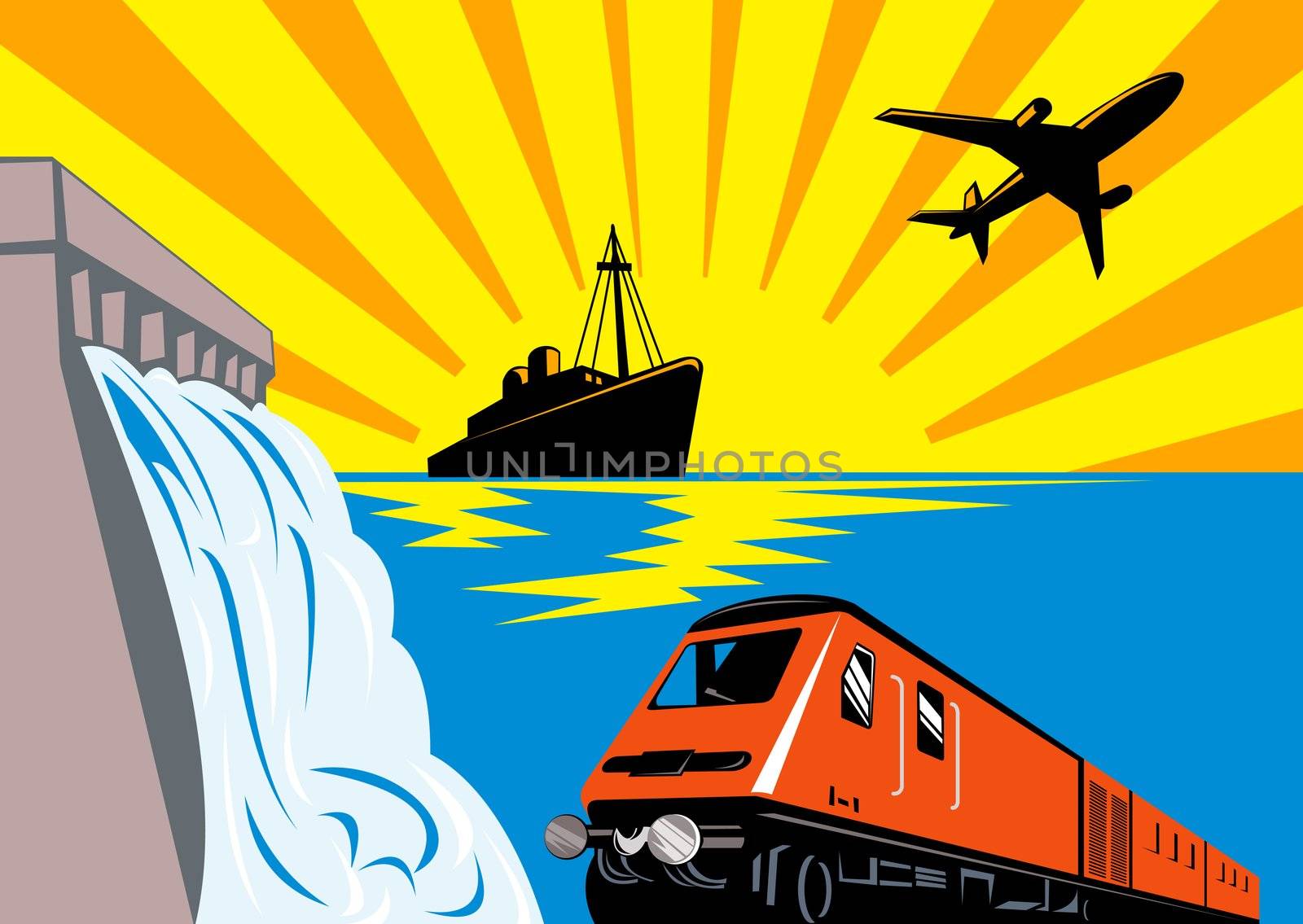 illustration of a diesel train locomotive,boat,ship and airplane with dam and sea ocean done in retro woodcut style