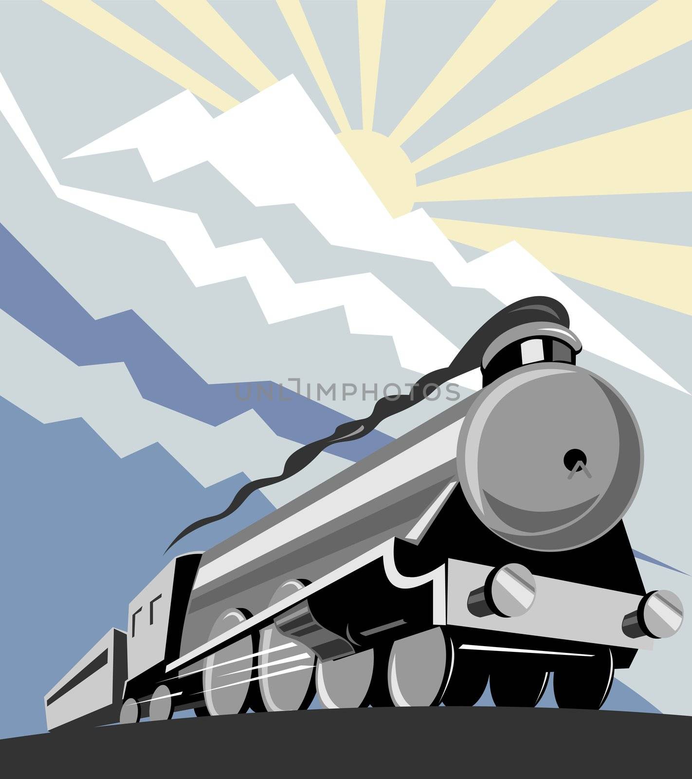 illustration of a steam train locomotive coming up on railroad done in retro woodcut style