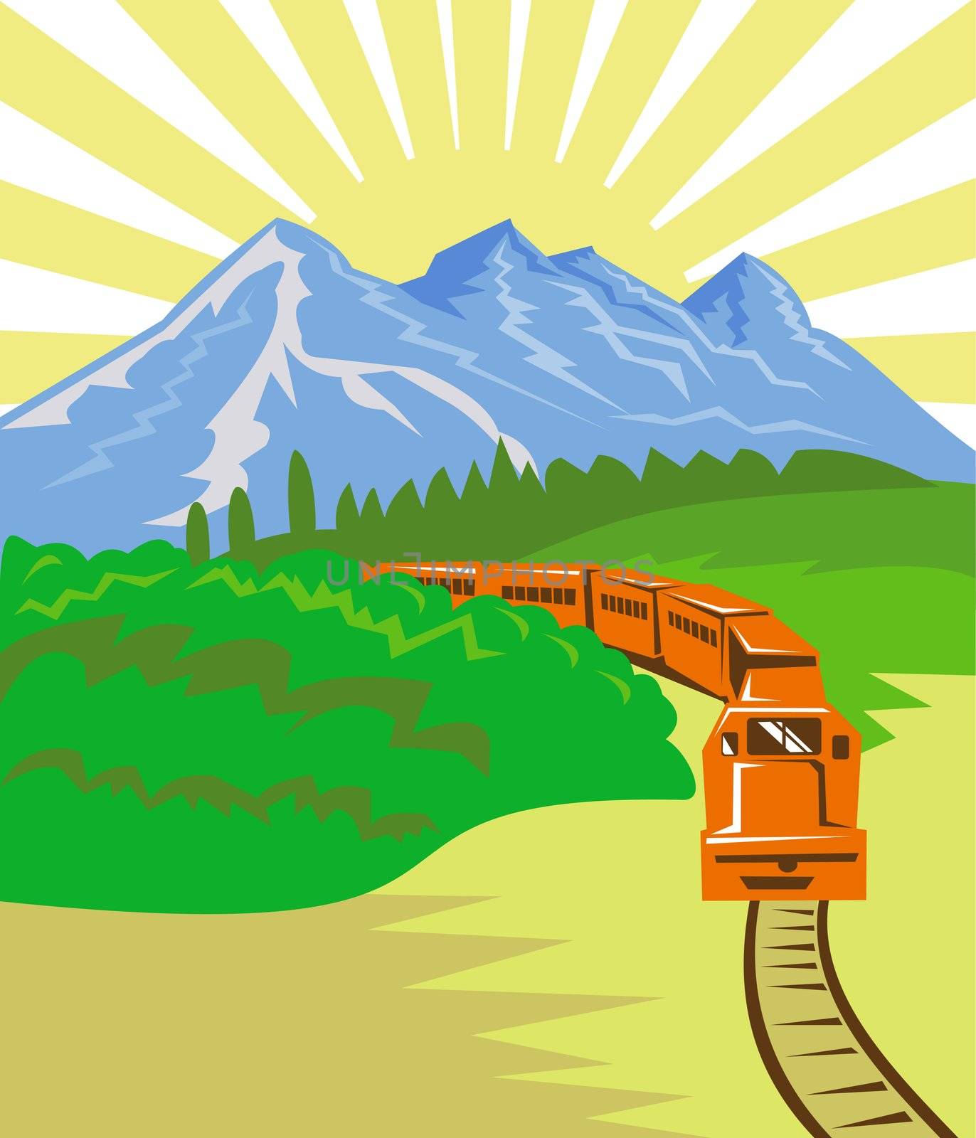 illustration of a diesel train locomotive coming up on railroad done in retro woodcut style