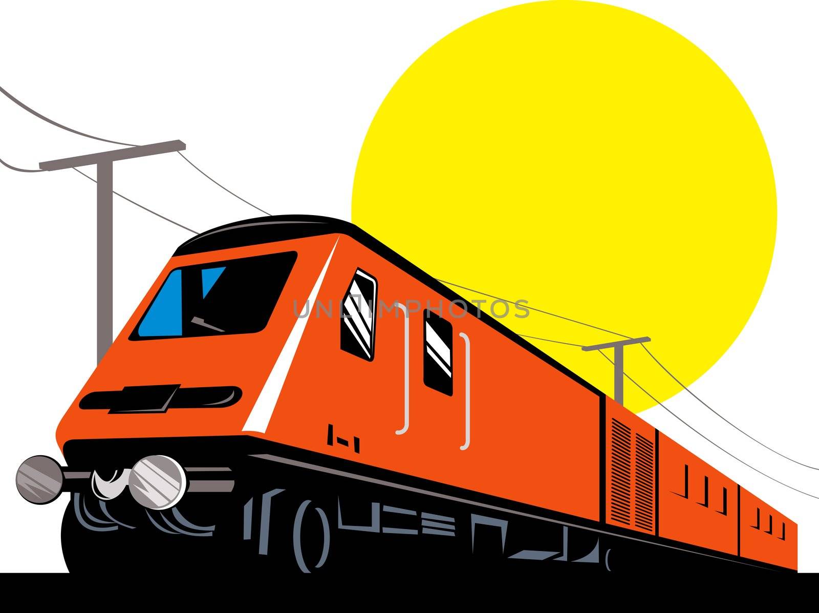 illustration of a diesel train locomotive coming up on railroad done in retro woodcut style