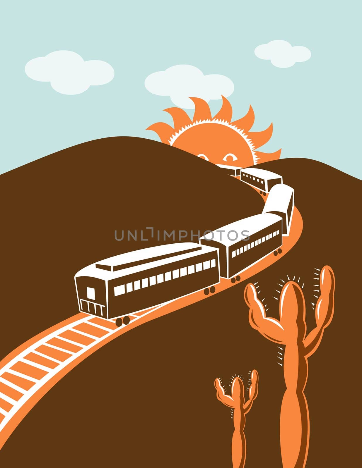 illustration of a diesel train locomotive coming up on railroad done in retro woodcut style
