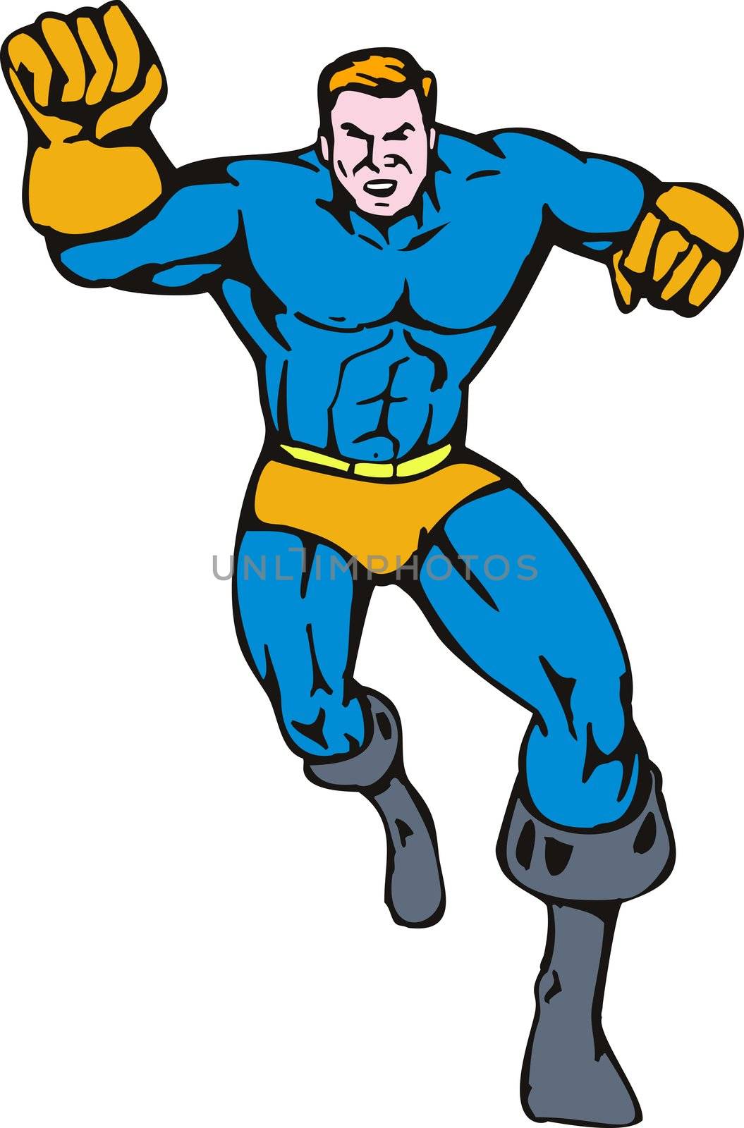 illustration of a cartoon super hero running punching isolated on white background