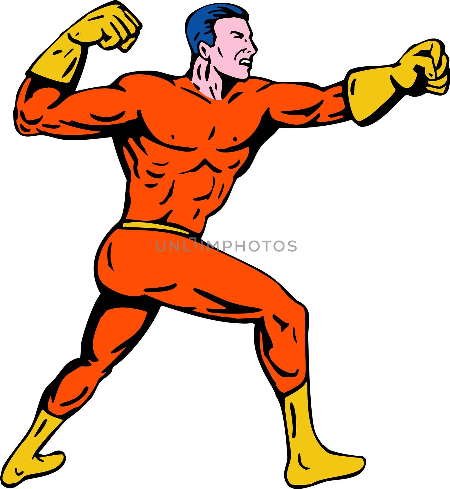 illustration of a cartoon super hero running punching isolated on white background