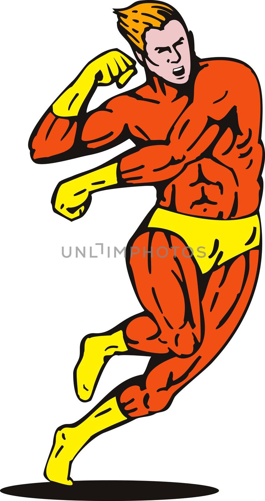 illustration of a cartoon super hero running punching isolated on white background