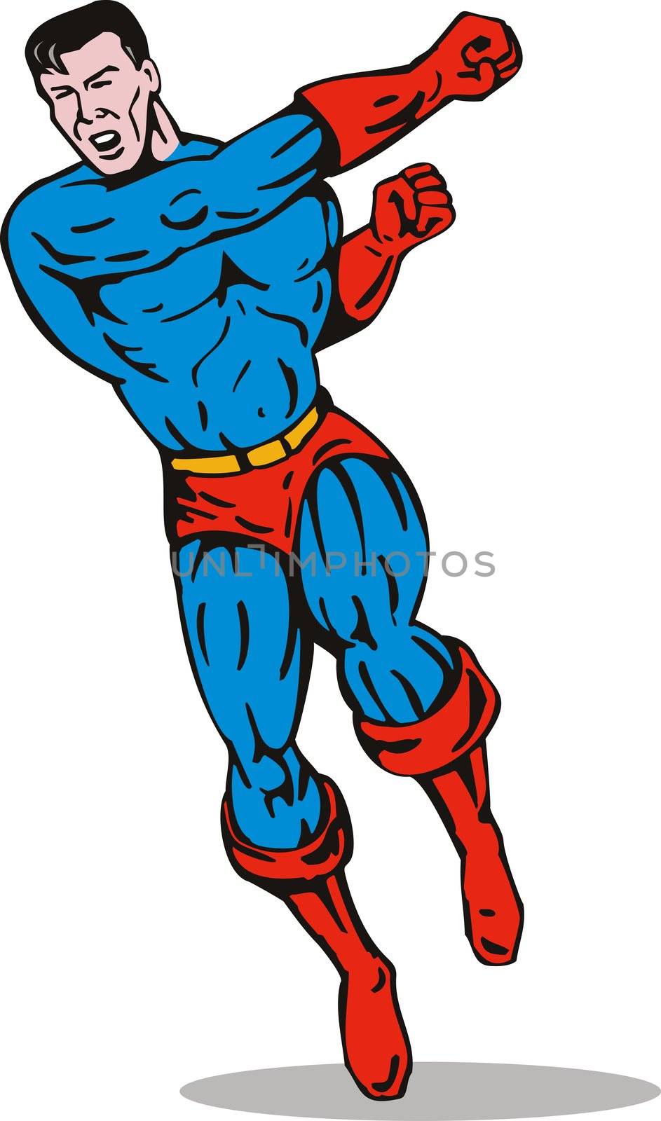 illustration of a cartoon super hero running punching isolated on white background