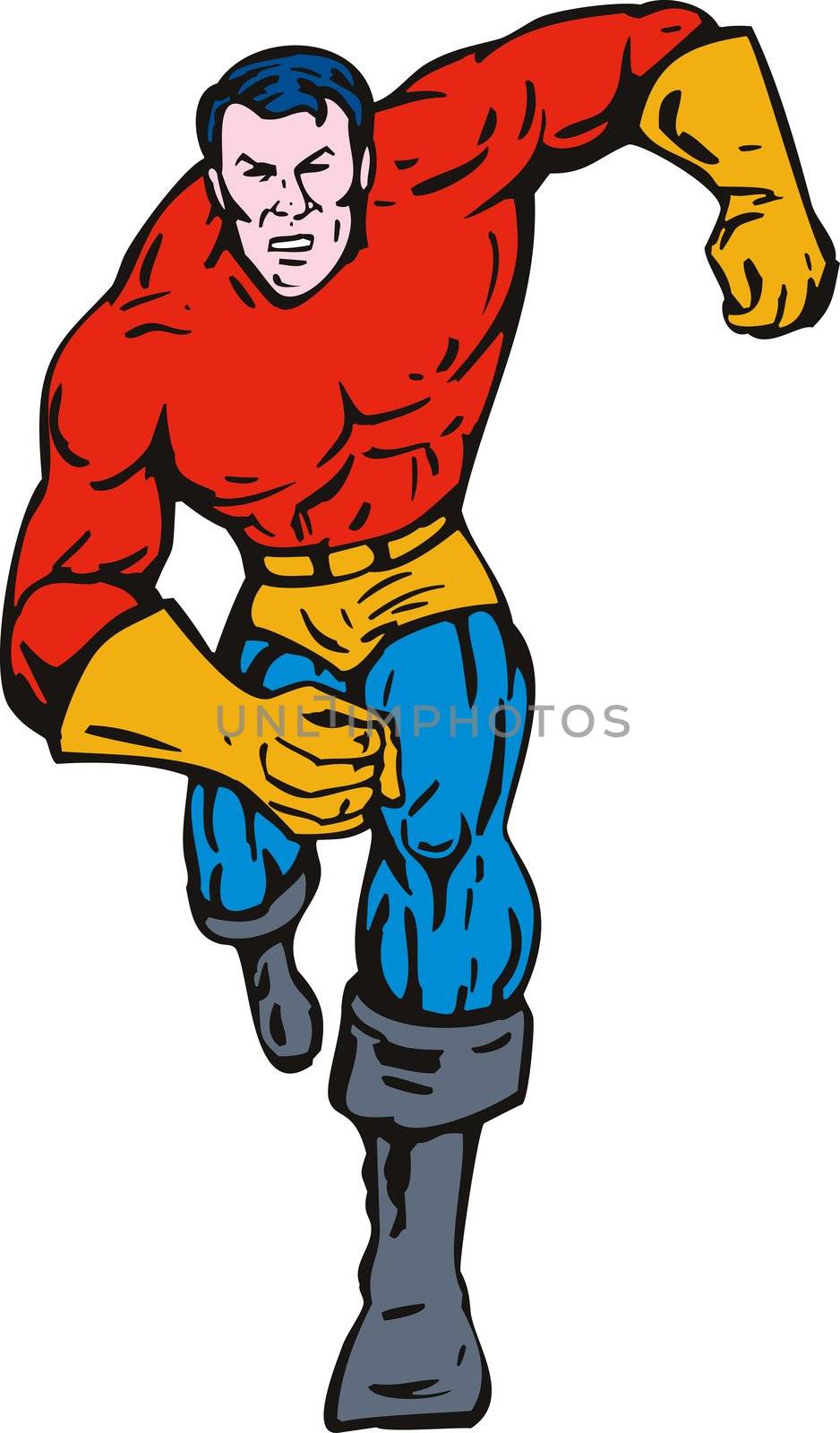 illustration of a cartoon super hero running punching isolated on white background