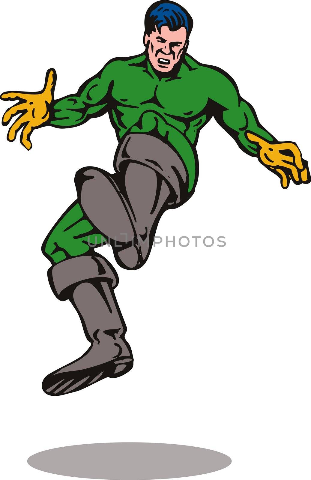 illustration of a cartoon super hero kicking isolated on white background