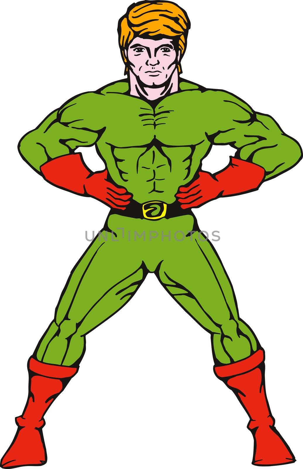illustration of a cartoon super hero standing hands on hips isolated on white background