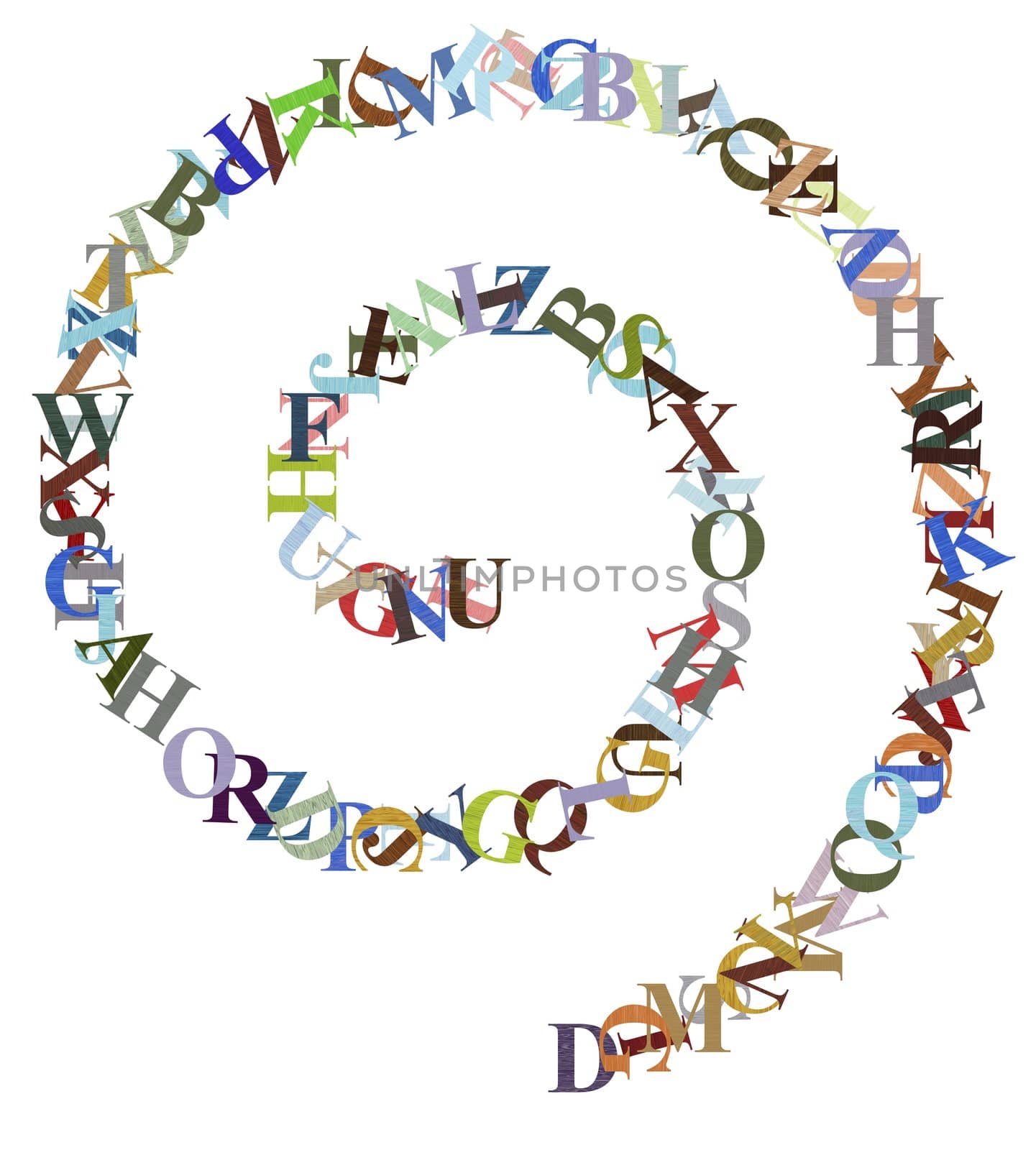 Illustration of a spiral made of colourful letters