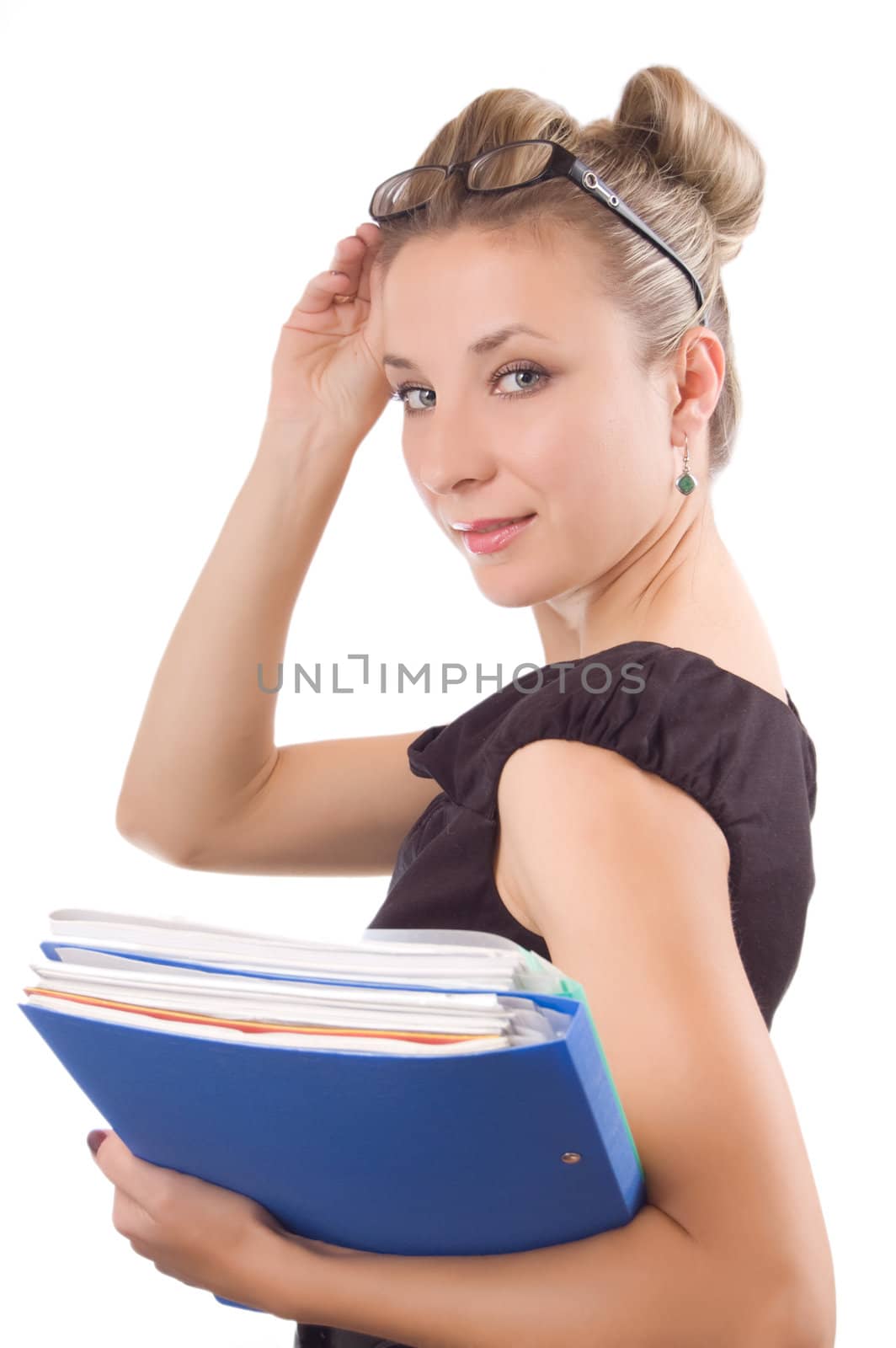 Smiling businesswoman with papers and glasses over white